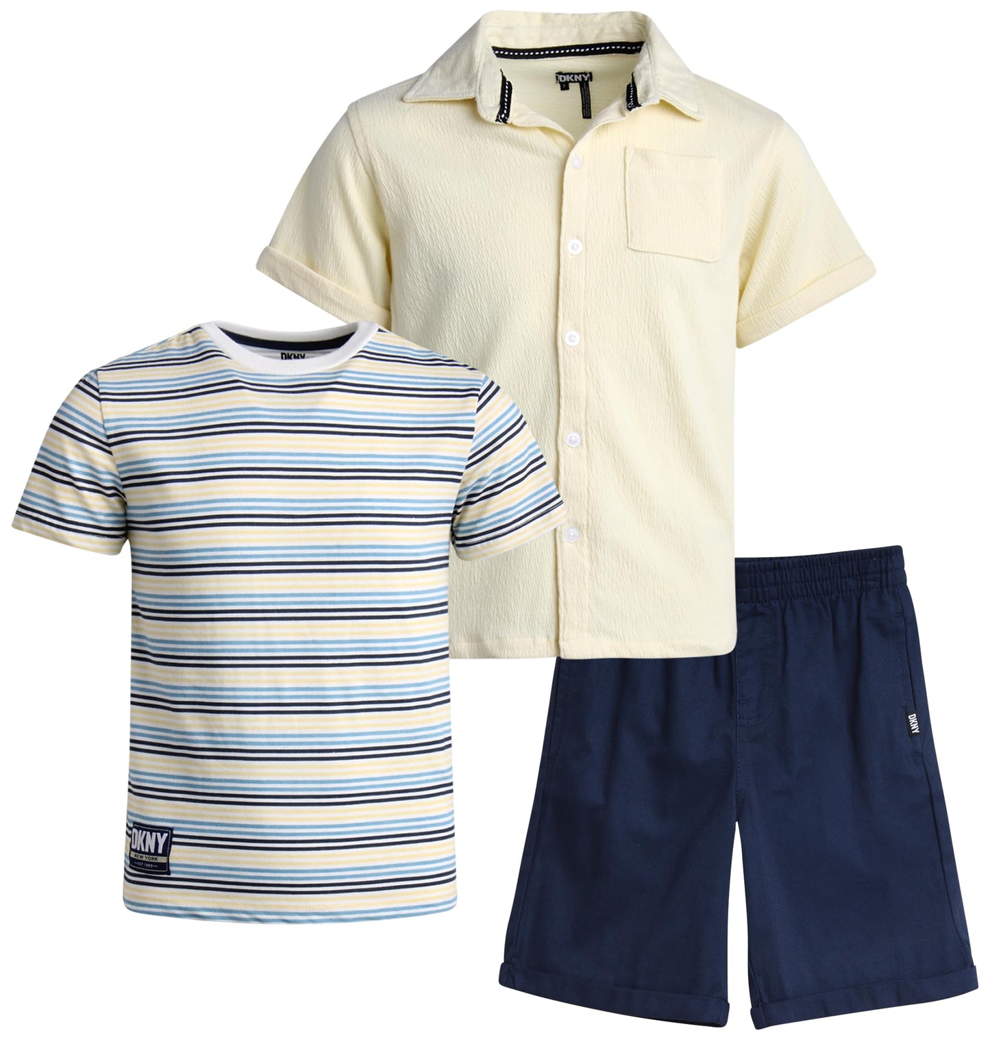 DKNY Boys' Short Set - 3 Piece Short Sleeve Button Down Shirt, Crew Neck T-Shirt, and Twill Shorts for Boys (Sizes: 2T-7)