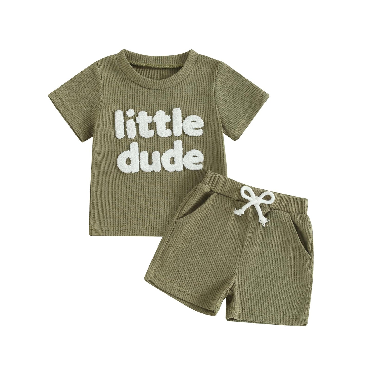 Kupretty Toddler Baby Boy Summer Clothes Embroiderey Waffle Knit Short Sleeve T-Shirt Tees + Casual Shorts Cute Clothing Set