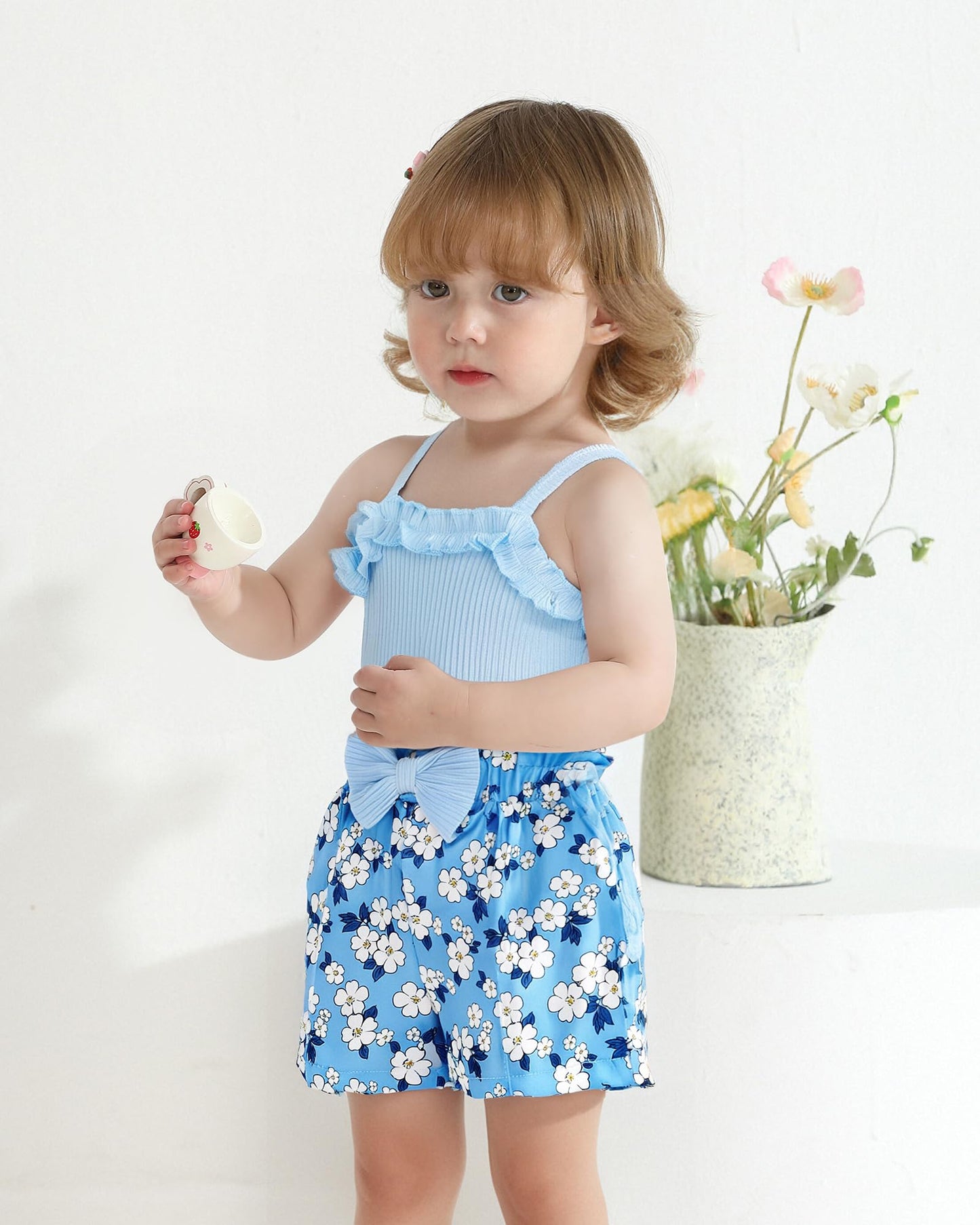 Kucnuzki Toddler Baby Girl Clothes Sleeveless Tank Tops Ruffle Halter Shirts Floral Shorts 2 Piece Set Summer Outfits