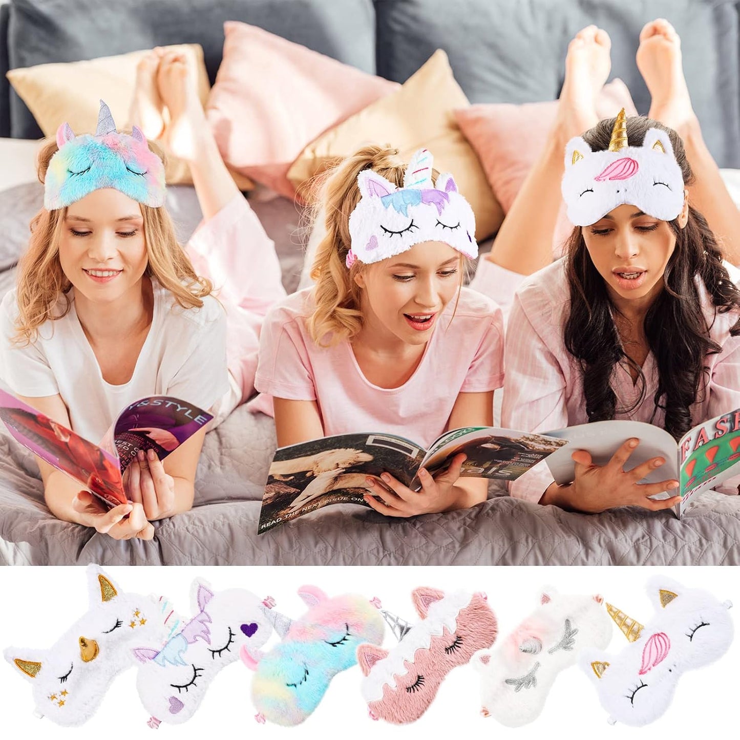 12 Pcs Sleepover Party Supplies for Girls Unicorn Rainbow Animal Plush Sleep Eye Mask Soft Spa Headband for Kids Women Overnight Spa Bachelorette Party Favors