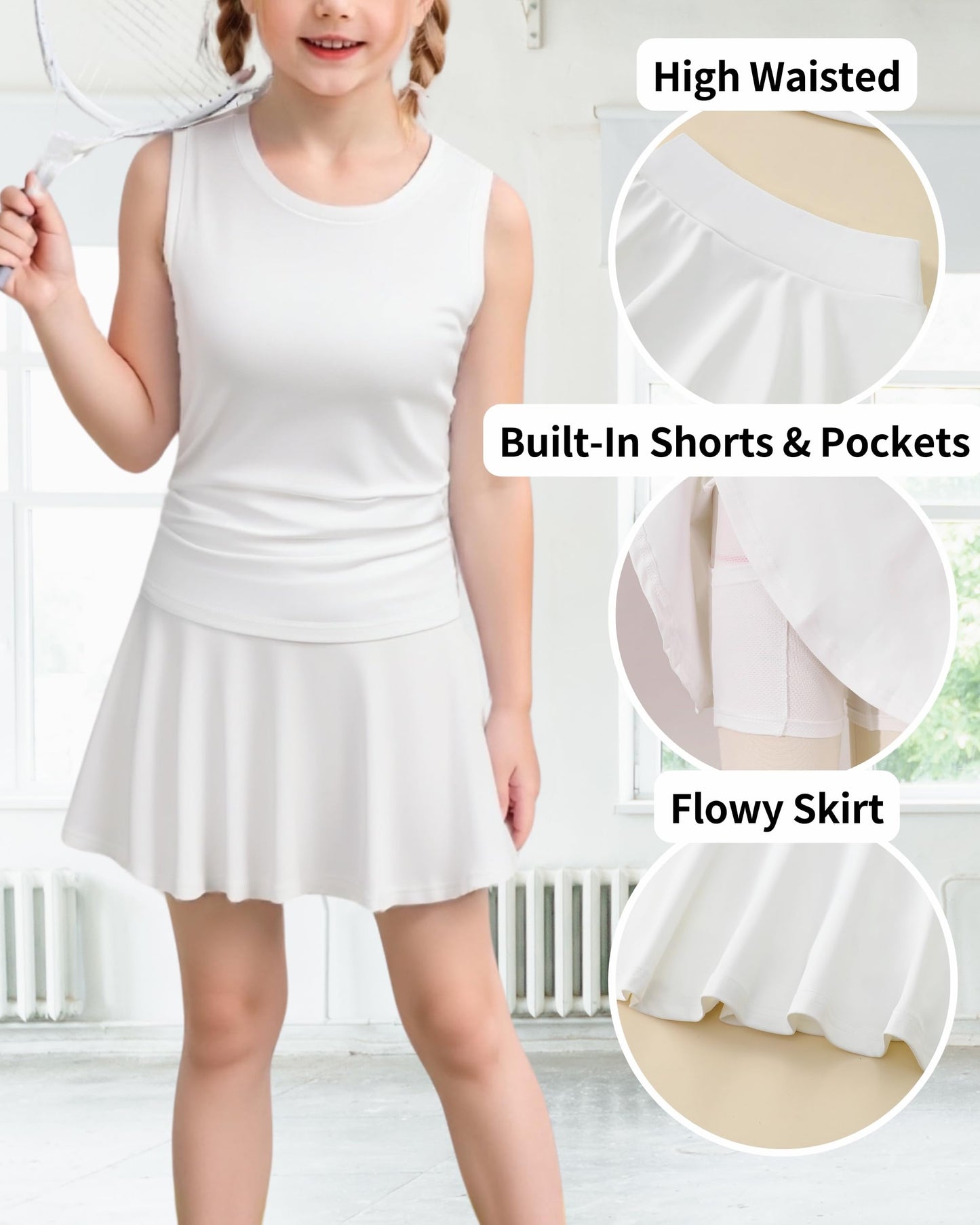Girls Tennis Skirts Sets Kids Sleeveless Ruched Athletic Tank Tops Flowy Pleated Skirt Pockets Skorts Shorts Outfits