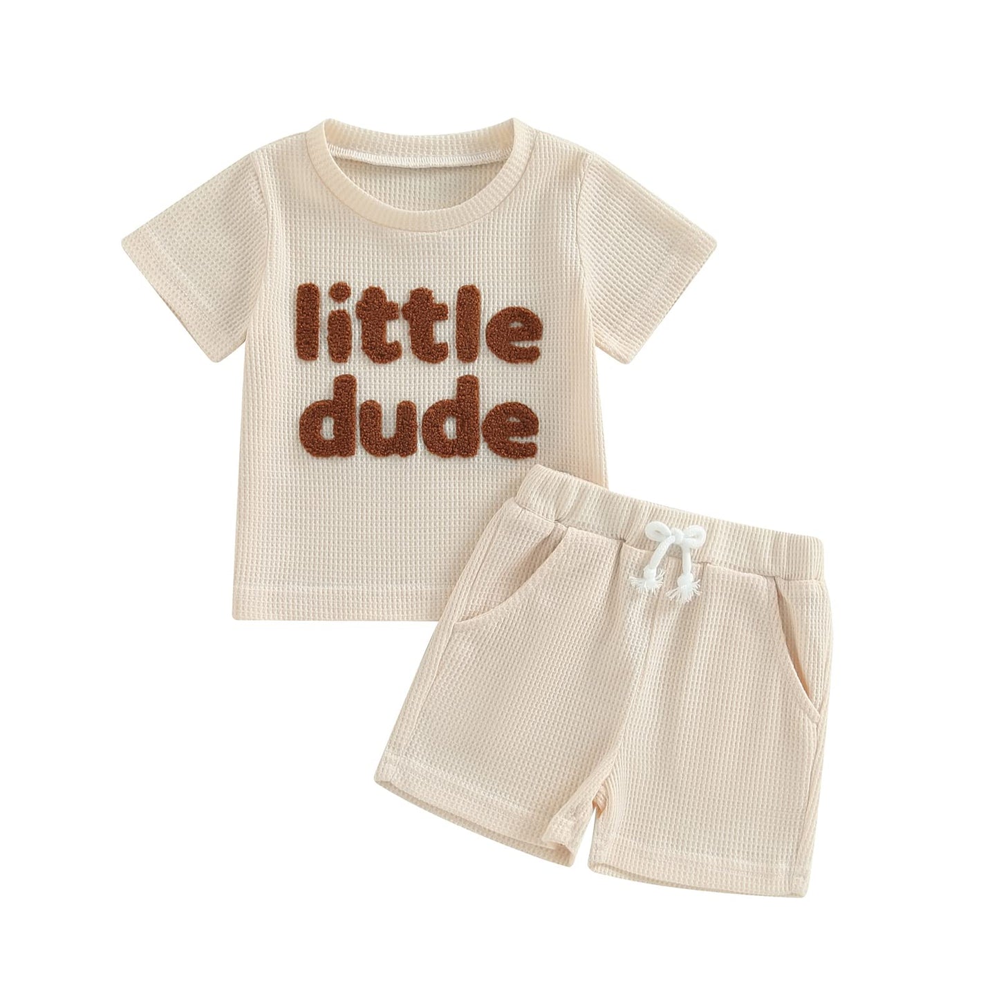 Kupretty Toddler Baby Boy Summer Clothes Embroiderey Waffle Knit Short Sleeve T-Shirt Tees + Casual Shorts Cute Clothing Set