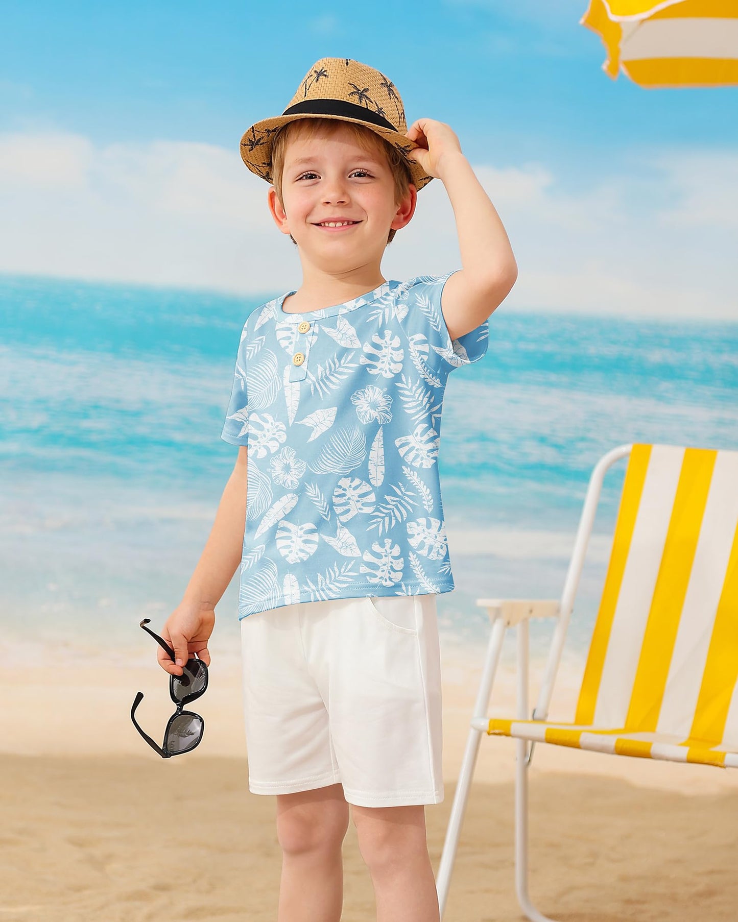 Coco&RARA Toddler Boy Clothes Outfits Kid Summer Hawaiian Print T-Shirt + Elastic Waist Pockets Shorts Clothes Set 2-7T