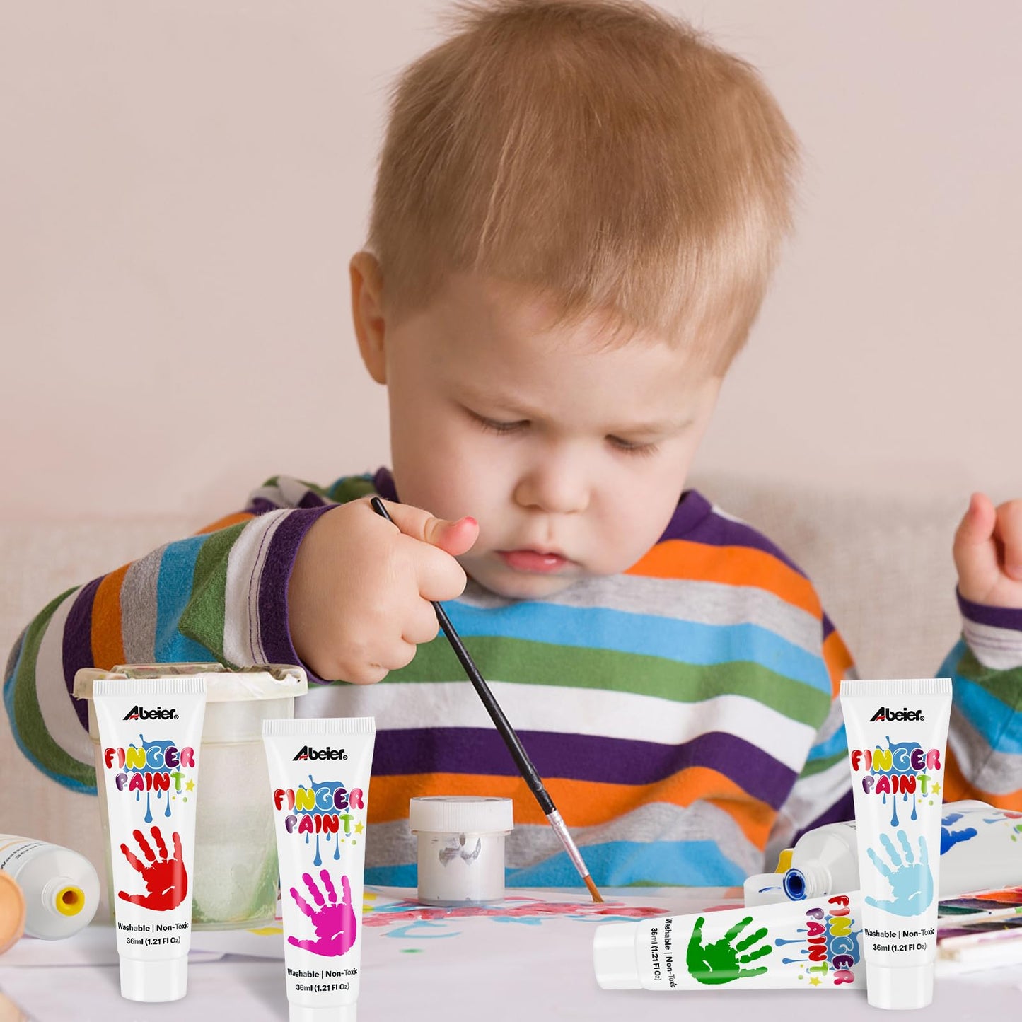 ABEIER Washable Finger Paint for Toddlers, Safe Non-Toxic, 12 x 2oz Vibrant Colors, Baby Safe Paint for Hand and Feet, Mess Free Art Supplies for Kids, Preschool Learning Gifts, Ages 1-3 4 5 6+