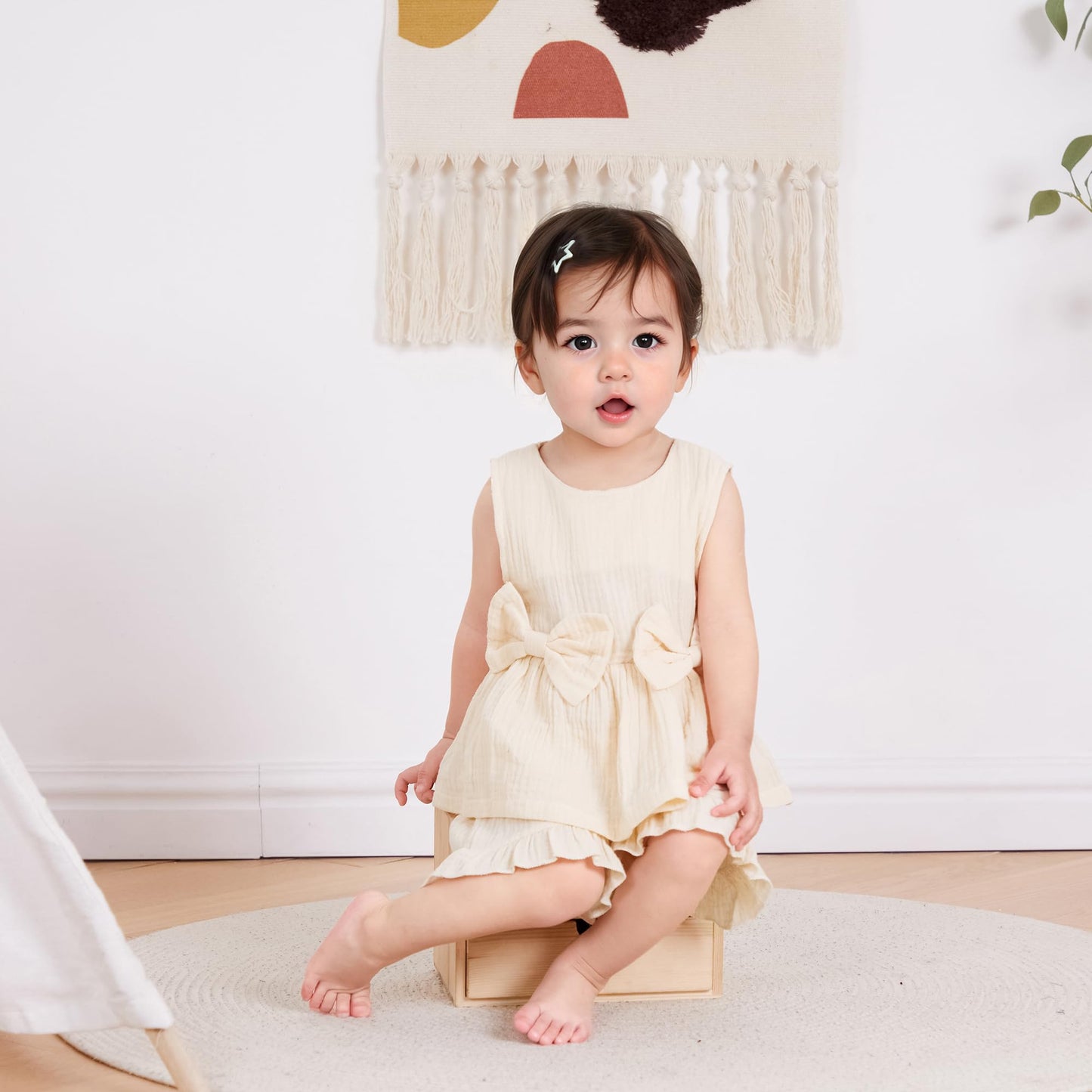 Kupretty Toddler Girl Summer Clothes Baby Solid Linen Outfit Bows Ruffle Tank Tops Shirts + Ruffled Short Set