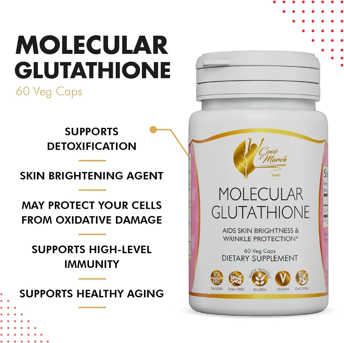 Coco March Molecular Glutathione - Potent Skin Antioxidant, Low Molecular Weight, Gluten Free, Soy Free, Dairy Free, Vegan, GMO Free, 500 mg Per Serving, 60 Veg Caps - 60 Servings (1)
