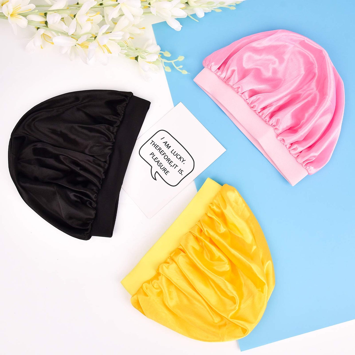 3 Pieces Kids Satin Bonnet Dinosaur Wide Elastic Band Sleeping Cap Soft Silk Double Layer Night Hair Hats for Teens Toddler Child Baby