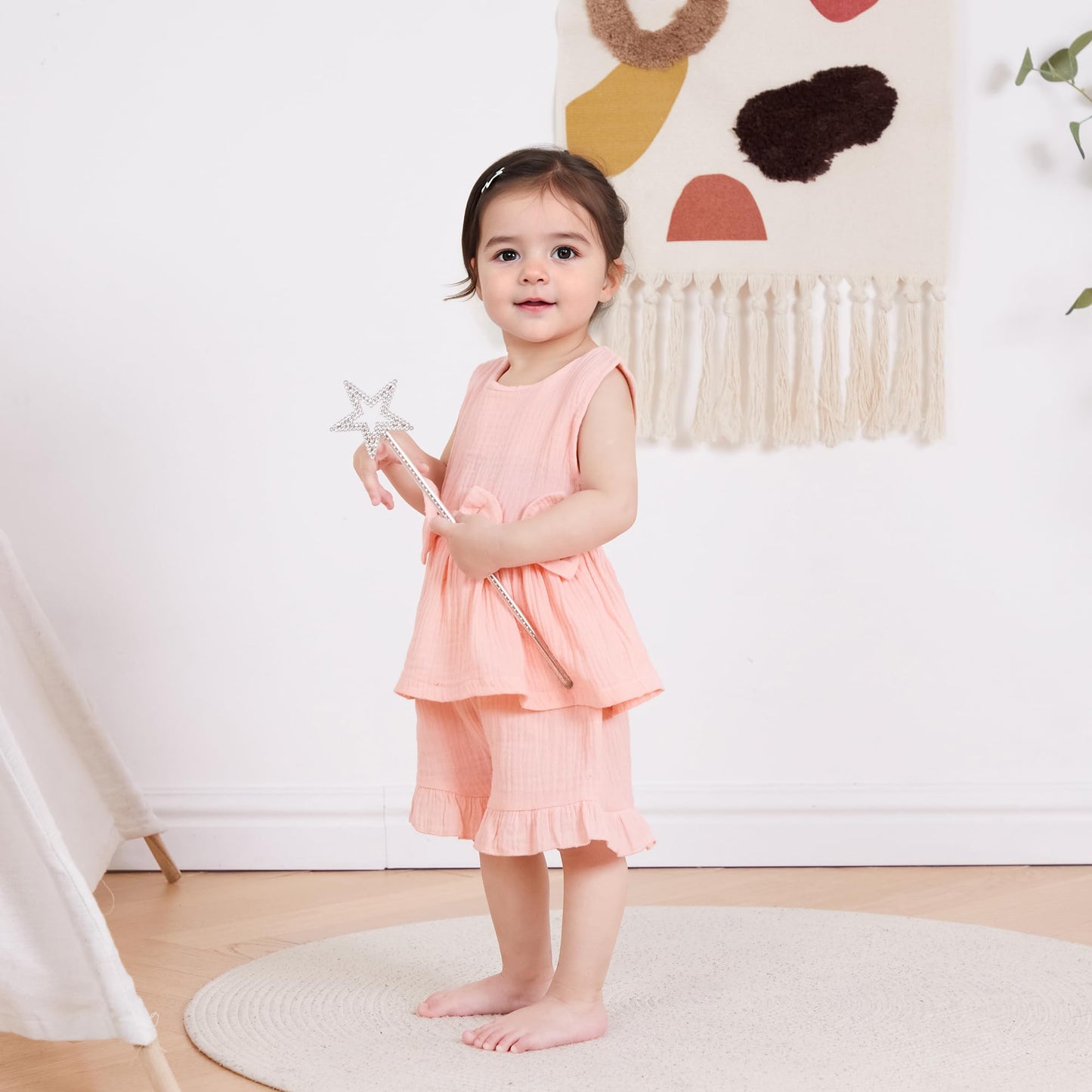 Kupretty Toddler Girl Summer Clothes Baby Solid Linen Outfit Bows Ruffle Tank Tops Shirts + Ruffled Short Set