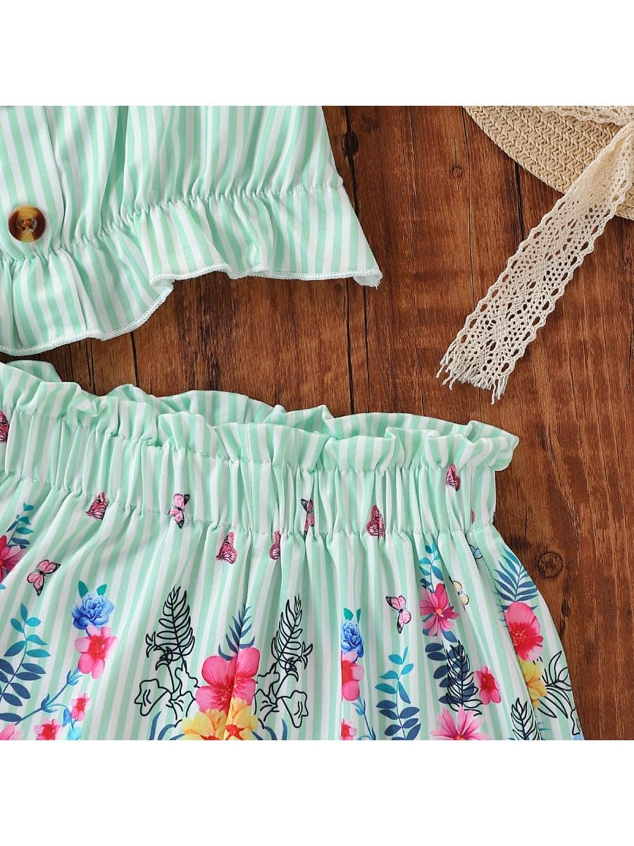Kids Toddler Girls Summer Clothes Button Design Striped Tank Top + Floral-Print Elastic Shorts 2 Piece