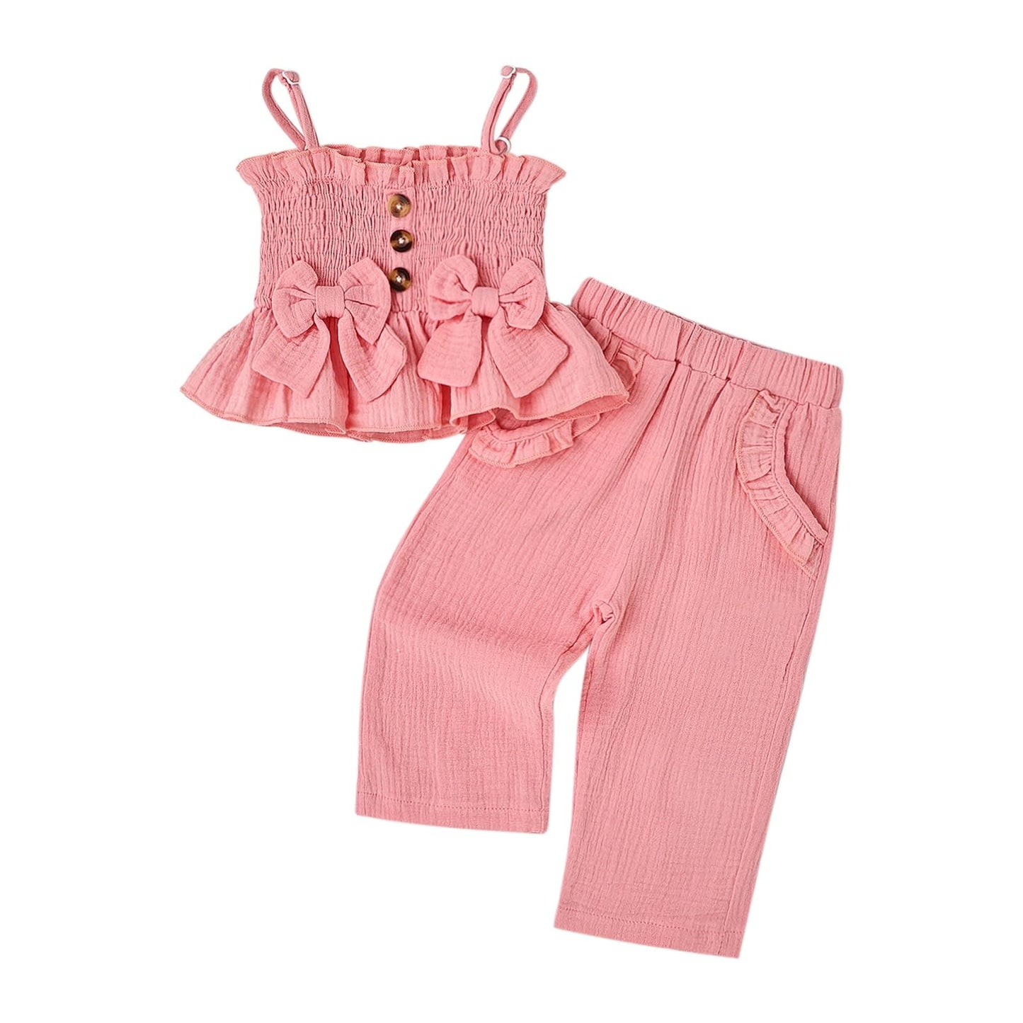 Toddler Baby Girl Clothes Summer Outfits Cute Bow Button Ruffle Camisole Pants Set 9-36 Months