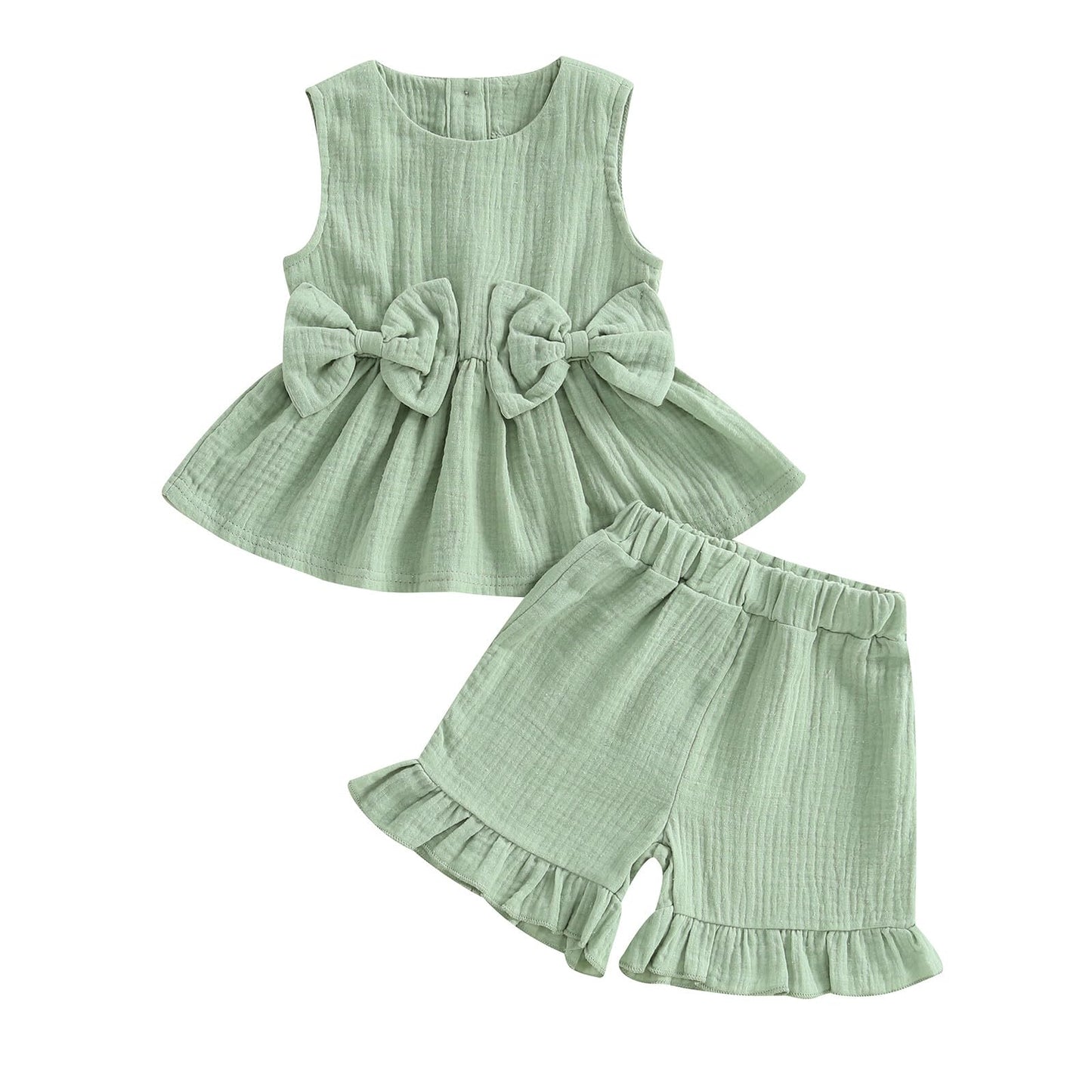 Kupretty Toddler Girl Summer Clothes Baby Solid Linen Outfit Bows Ruffle Tank Tops Shirts + Ruffled Short Set
