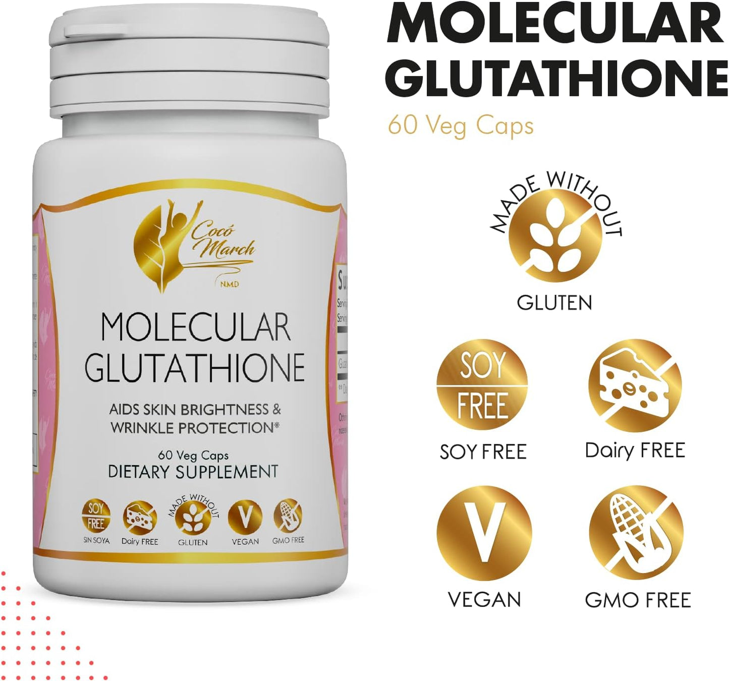 Coco March Molecular Glutathione - Potent Skin Antioxidant, Low Molecular Weight, Gluten Free, Soy Free, Dairy Free, Vegan, GMO Free, 500 mg Per Serving, 60 Veg Caps - 60 Servings (1)