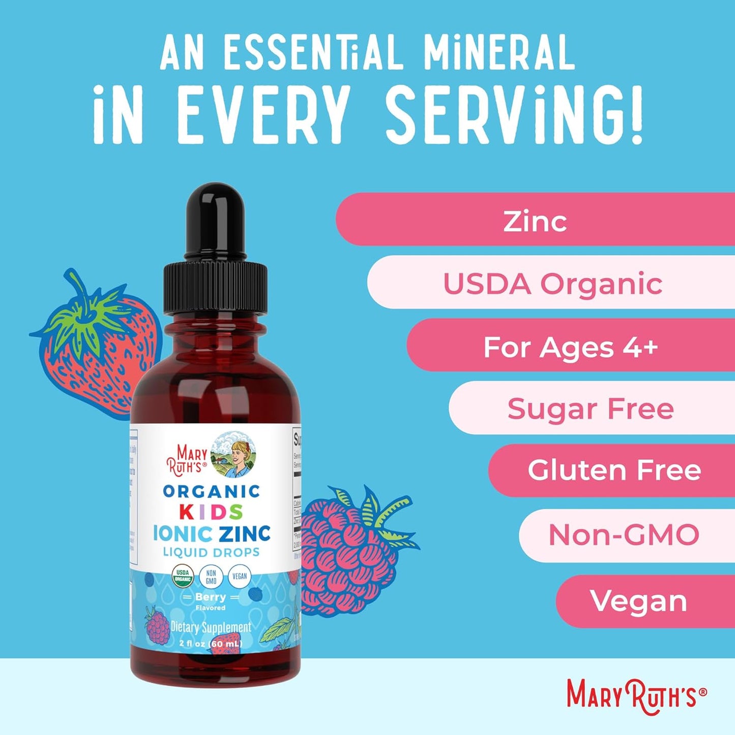 MaryRuth Organics Zinc Supplement for Immune Support, Immune Support Supplement for Kids, Ages 4-13, Zinc Sulfate, Vegan, USDA Organic, Glycerin Based, 2 Fl Oz