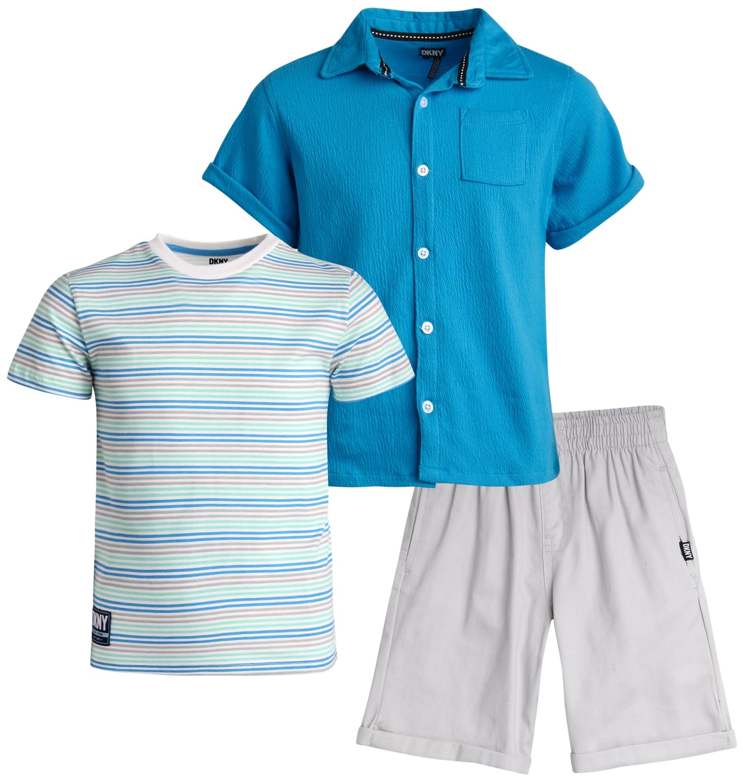 DKNY Boys' Short Set - 3 Piece Short Sleeve Button Down Shirt, Crew Neck T-Shirt, and Twill Shorts for Boys (Sizes: 2T-7)