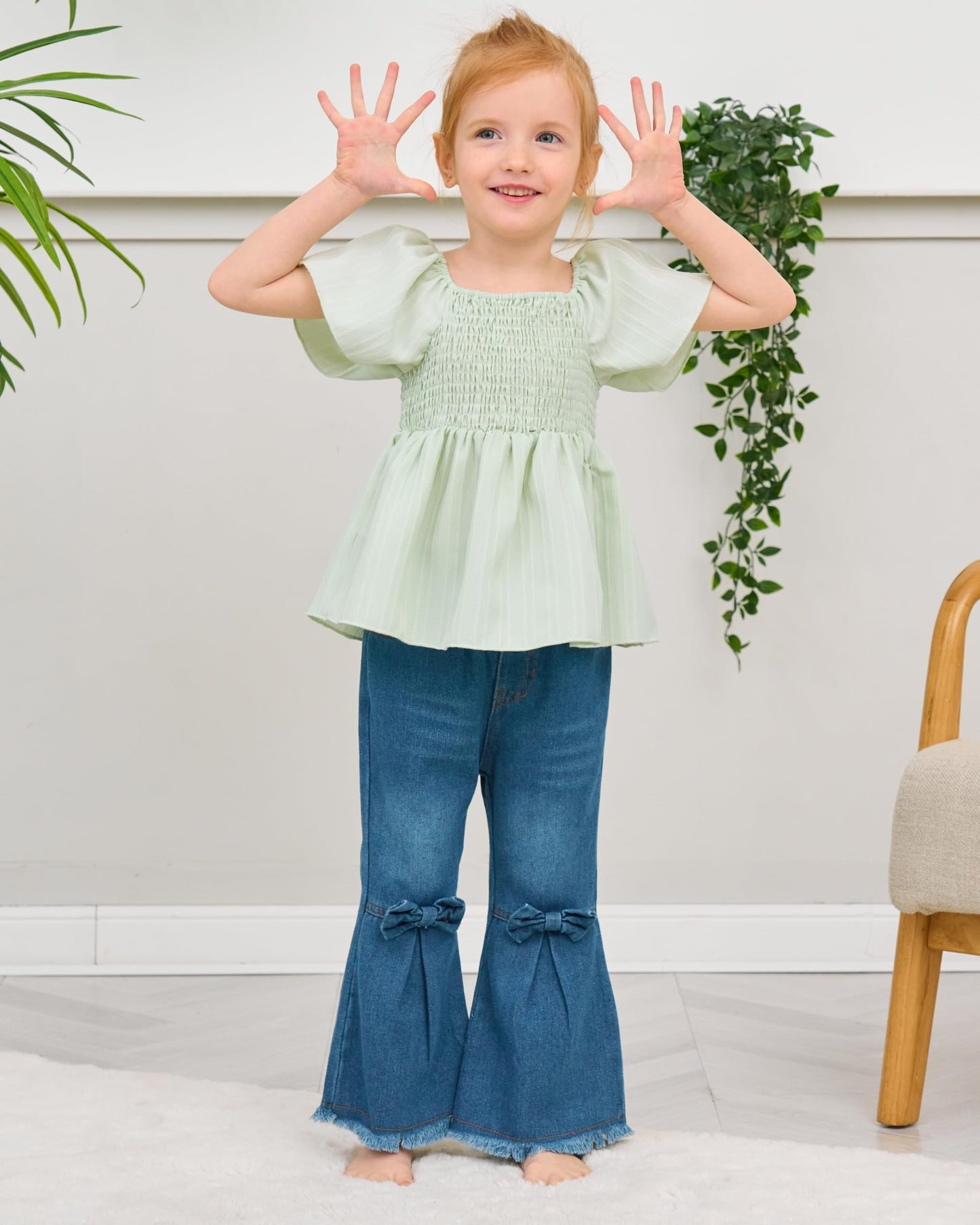XUANHAO Toddler Girl Clothes Summer Smocked Shirts Tops Denim Bell Bottom Jeans Pants Outfits Kids Girl's Clothing Sets