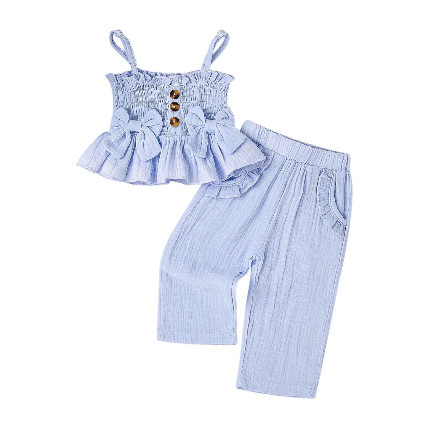 Toddler Baby Girl Clothes Summer Outfits Cute Bow Button Ruffle Camisole Pants Set 9-36 Months