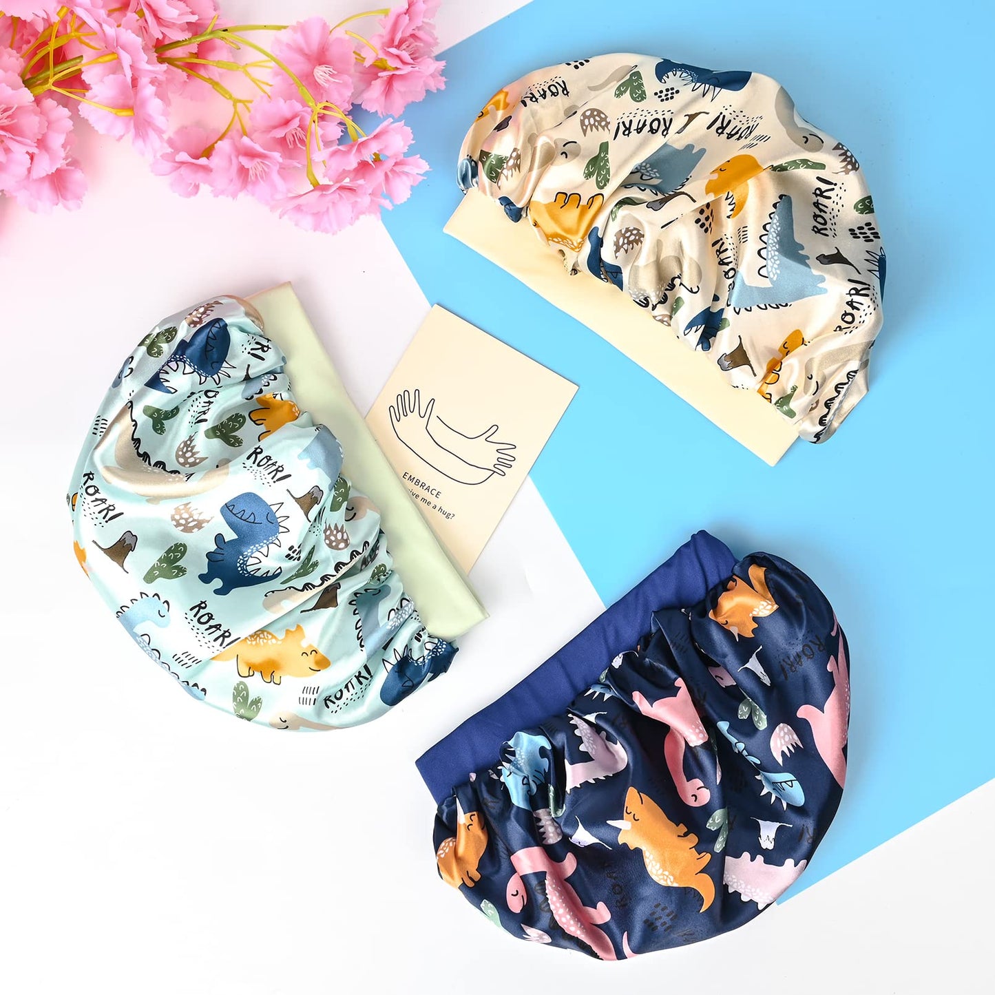3 Pieces Kids Satin Bonnet Dinosaur Wide Elastic Band Sleeping Cap Soft Silk Double Layer Night Hair Hats for Teens Toddler Child Baby