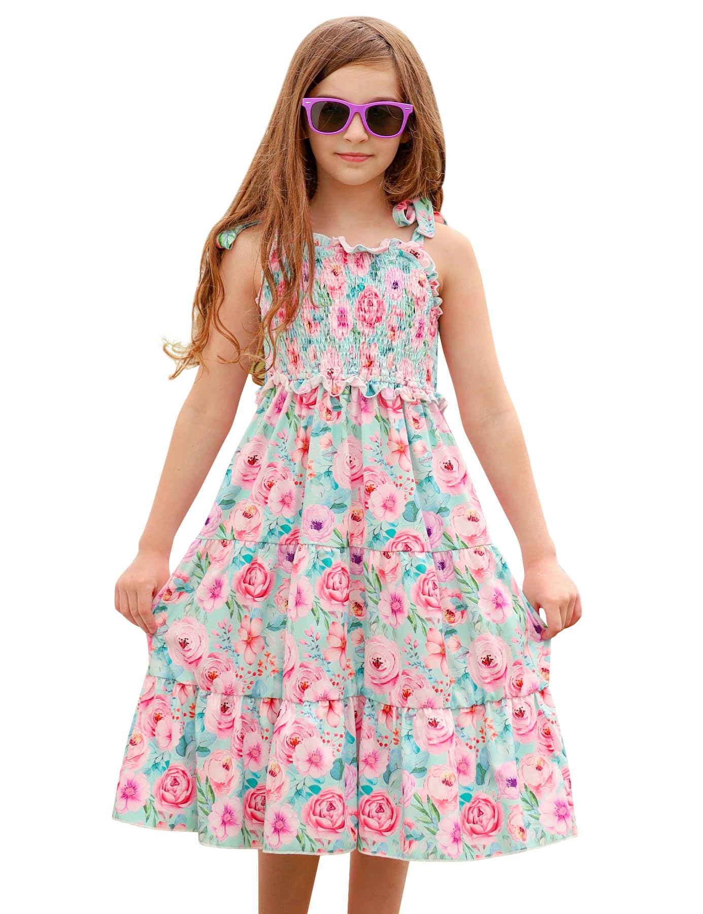 Kids4ever Girls Spaghetti Strap Dress 6-12Y Kids Sleeveless Cami Dresses Summer Beach Smocked Tiered Sundress with Pockets