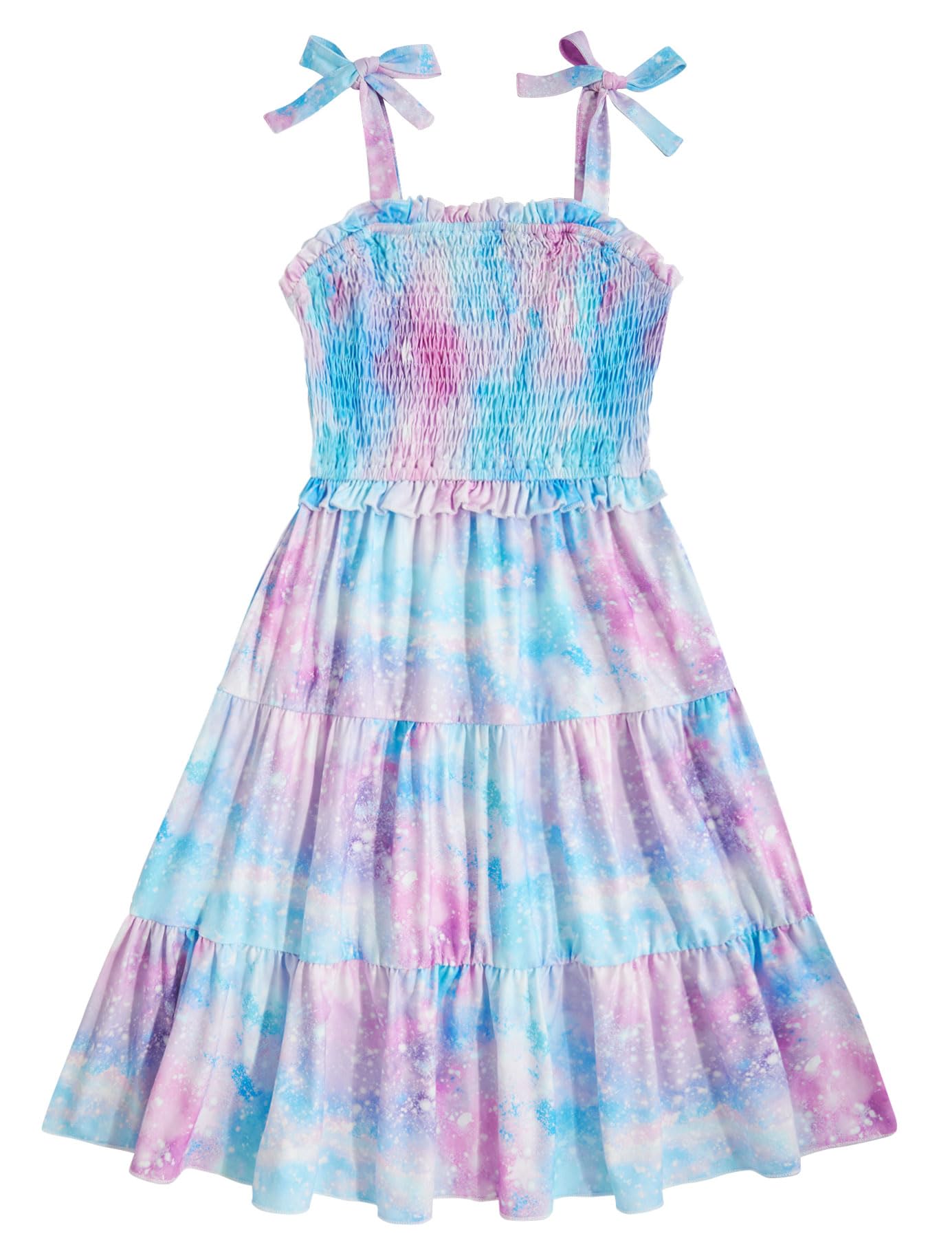 Kids4ever Girls Spaghetti Strap Dress 6-12Y Kids Sleeveless Cami Dresses Summer Beach Smocked Tiered Sundress with Pockets