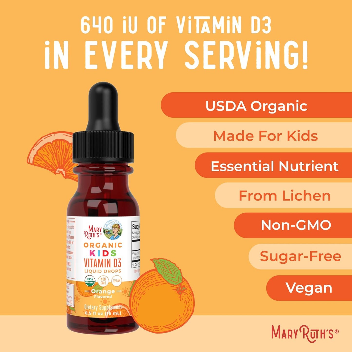 MaryRuth Organics USDA Organic Vitamin D3 Liquid Drops for Kids | 640 IU Vitamin D3 Per Serving | Kids Immune Support & Bone Health Supplement | Formulated for Ages 4-13 | 0.5oz | 30 Servings