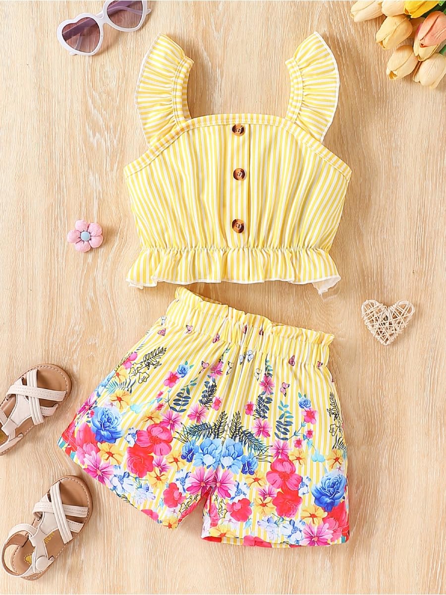 Kids Toddler Girls Summer Clothes Button Design Striped Tank Top + Floral-Print Elastic Shorts 2 Piece