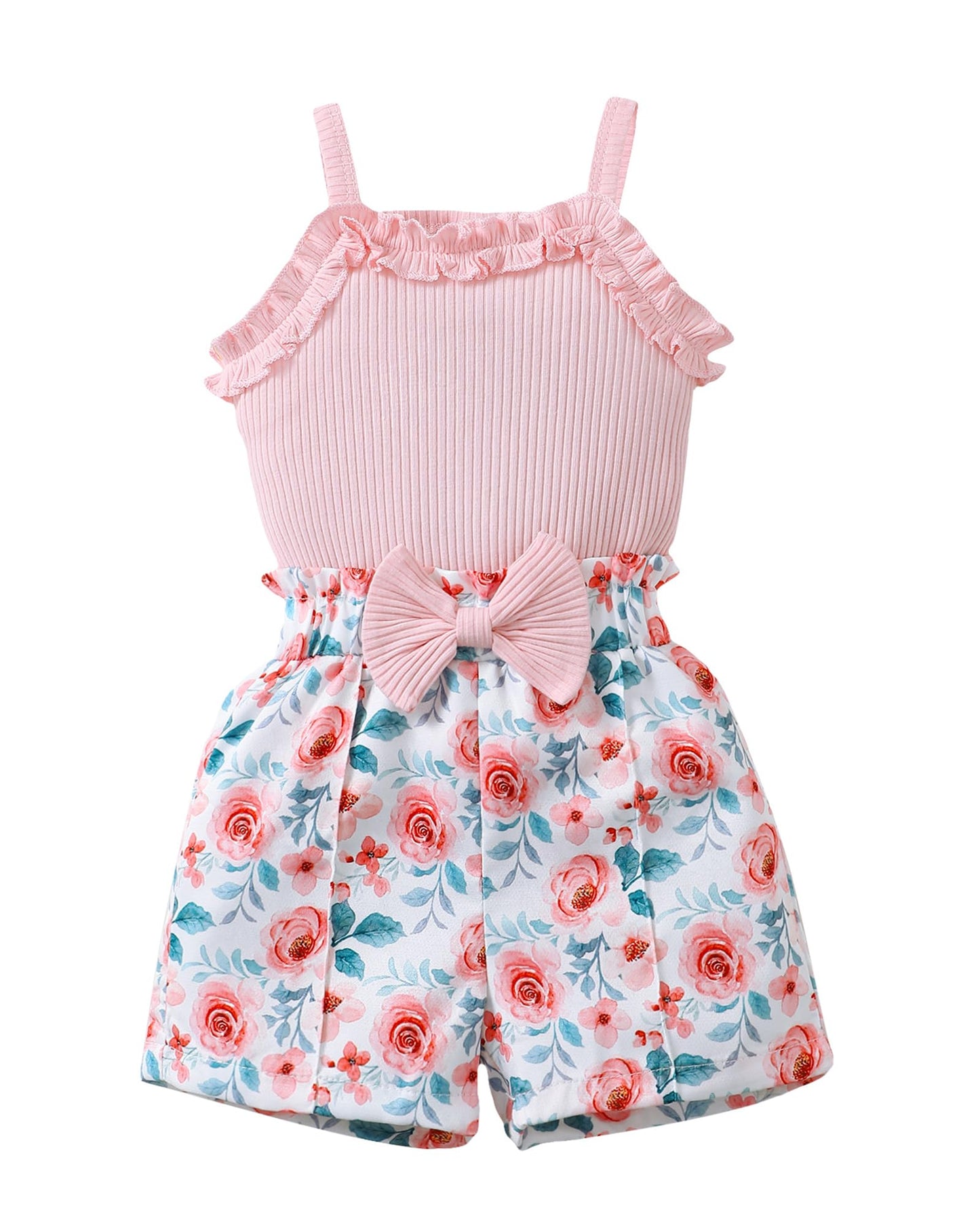 Kucnuzki Toddler Baby Girl Clothes Sleeveless Tank Tops Ruffle Halter Shirts Floral Shorts 2 Piece Set Summer Outfits
