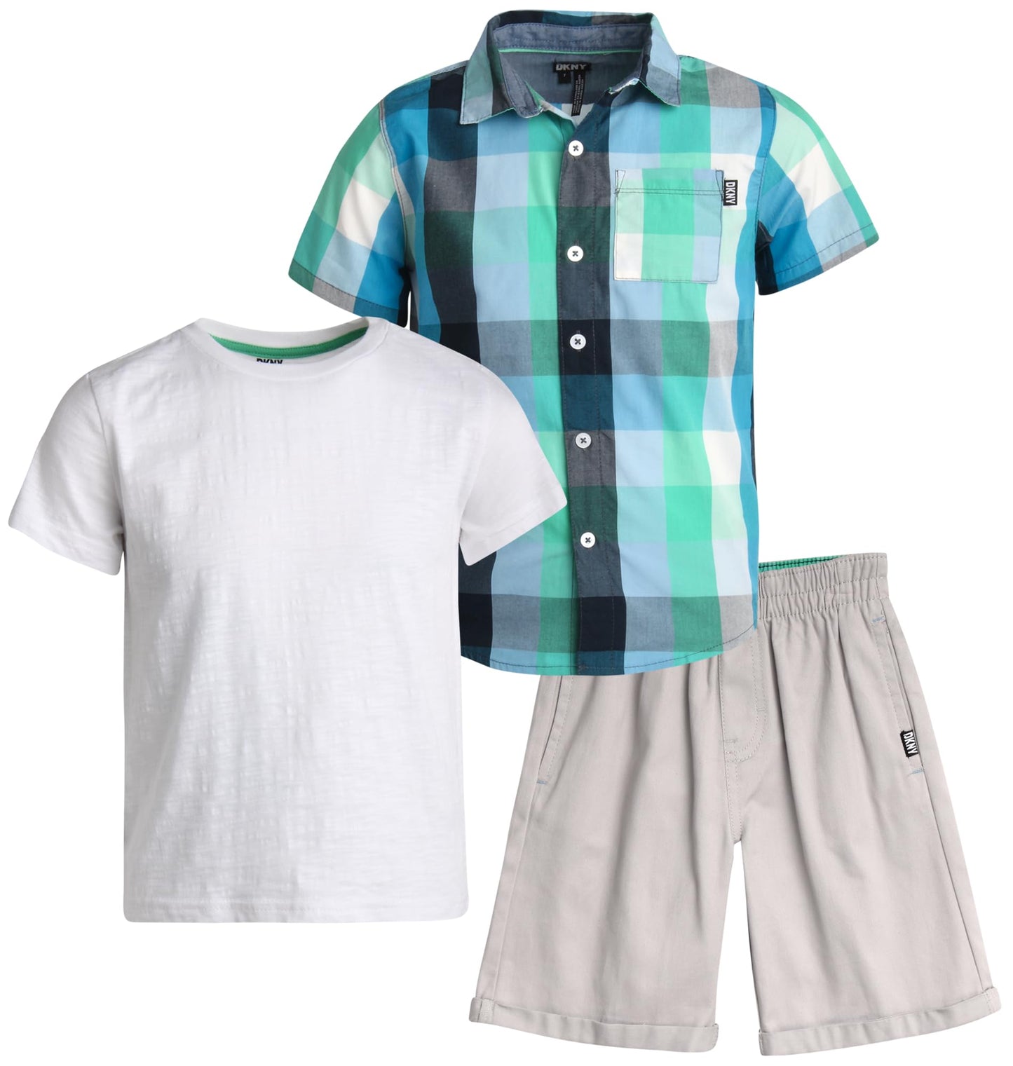 DKNY Boys' Short Set - 3 Piece Short Sleeve Button Down Shirt, Crew Neck T-Shirt, and Twill Shorts for Boys (Sizes: 2T-7)