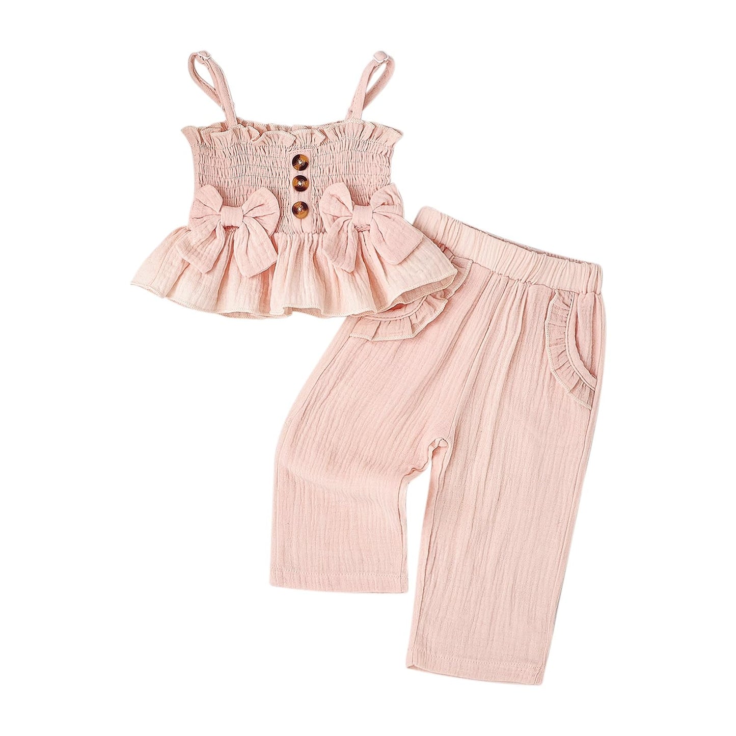 Toddler Baby Girl Clothes Summer Outfits Cute Bow Button Ruffle Camisole Pants Set 9-36 Months