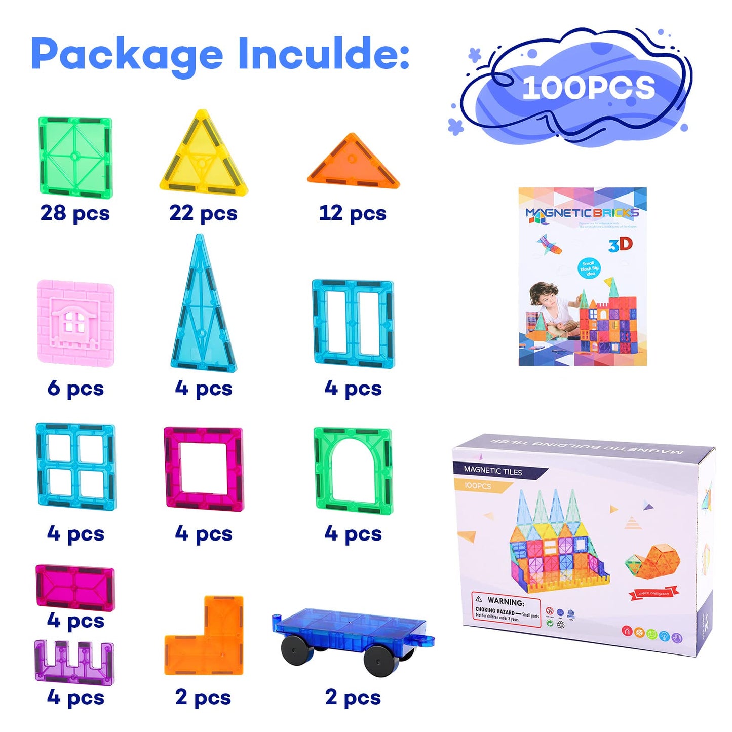Magnetic Tiles 100PCS with 2 Cars, STEM Educational Building Blocks for Kids Ages 3-9, Magnet Construction Toys Gift for Toddlers