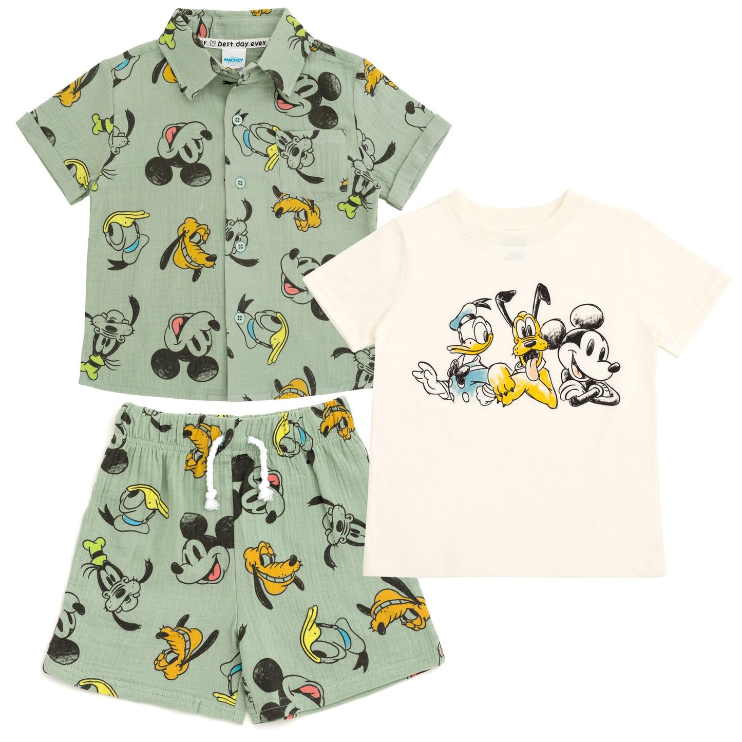 Disney Mickey Mouse Cotton Gauze Button Down Shirt, T-Shirt & Shorts 3 Piece Set Infant to Little Kid Sizes (12 Months- 7-8)