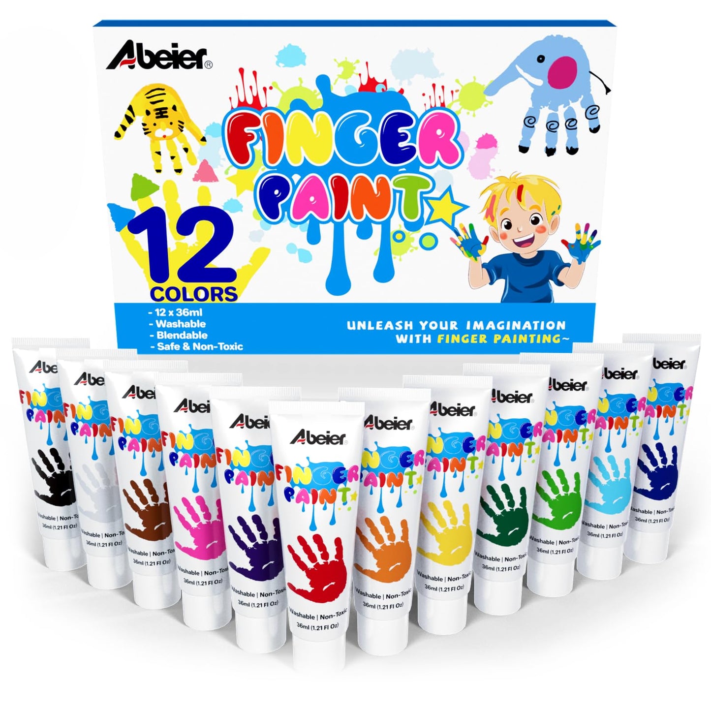 ABEIER Washable Finger Paint for Toddlers, Safe Non-Toxic, 12 x 2oz Vibrant Colors, Baby Safe Paint for Hand and Feet, Mess Free Art Supplies for Kids, Preschool Learning Gifts, Ages 1-3 4 5 6+