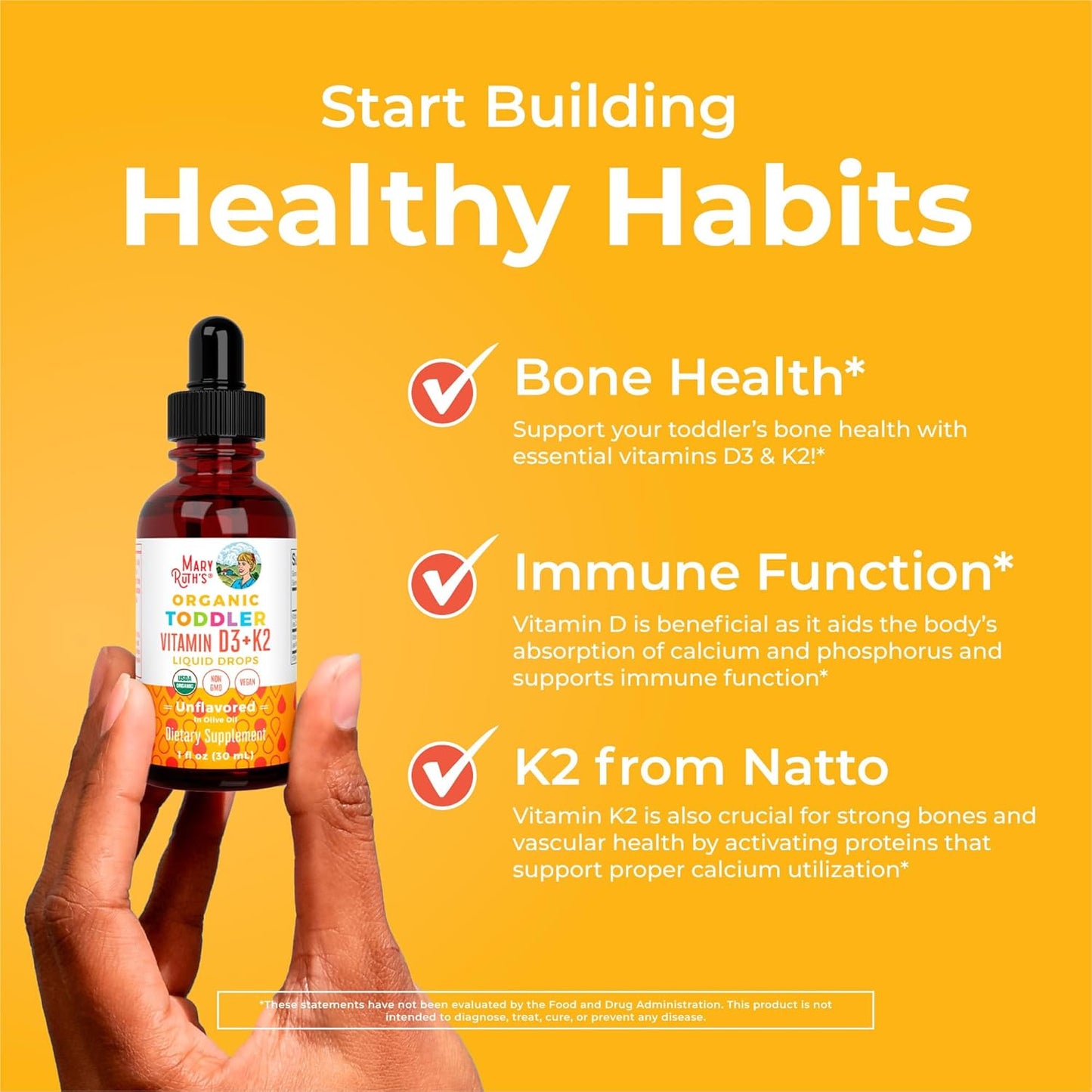 MaryRuth Organics Vitamin D3 | Vitamin K2 | Vitamin D3 K2 Drops | K2 D3 Vitamin Liquid Supplement for Toddlers | Kids Supplement for Calcium Absorption Strong Bones | Vegan | Gluten Free | 1 Fl Oz