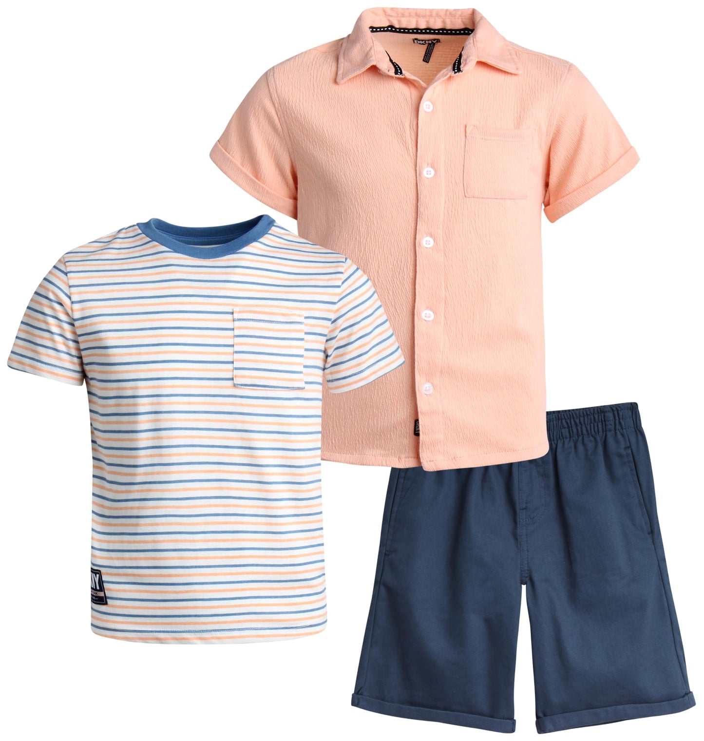 DKNY Boys' Short Set - 3 Piece Short Sleeve Button Down Shirt, Crew Neck T-Shirt, and Twill Shorts for Boys (Sizes: 2T-7)