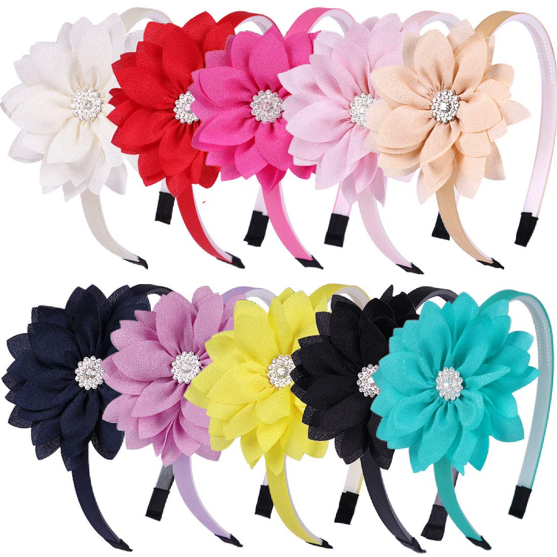 WANYU 10 Pcs Flower Bow Headbands For Girls,Toddler Headbands Chiffon Floral Kids Hair Bands Sparkle Cute 3.5 inch Bow Headpiece-Diademas Para Niñas1