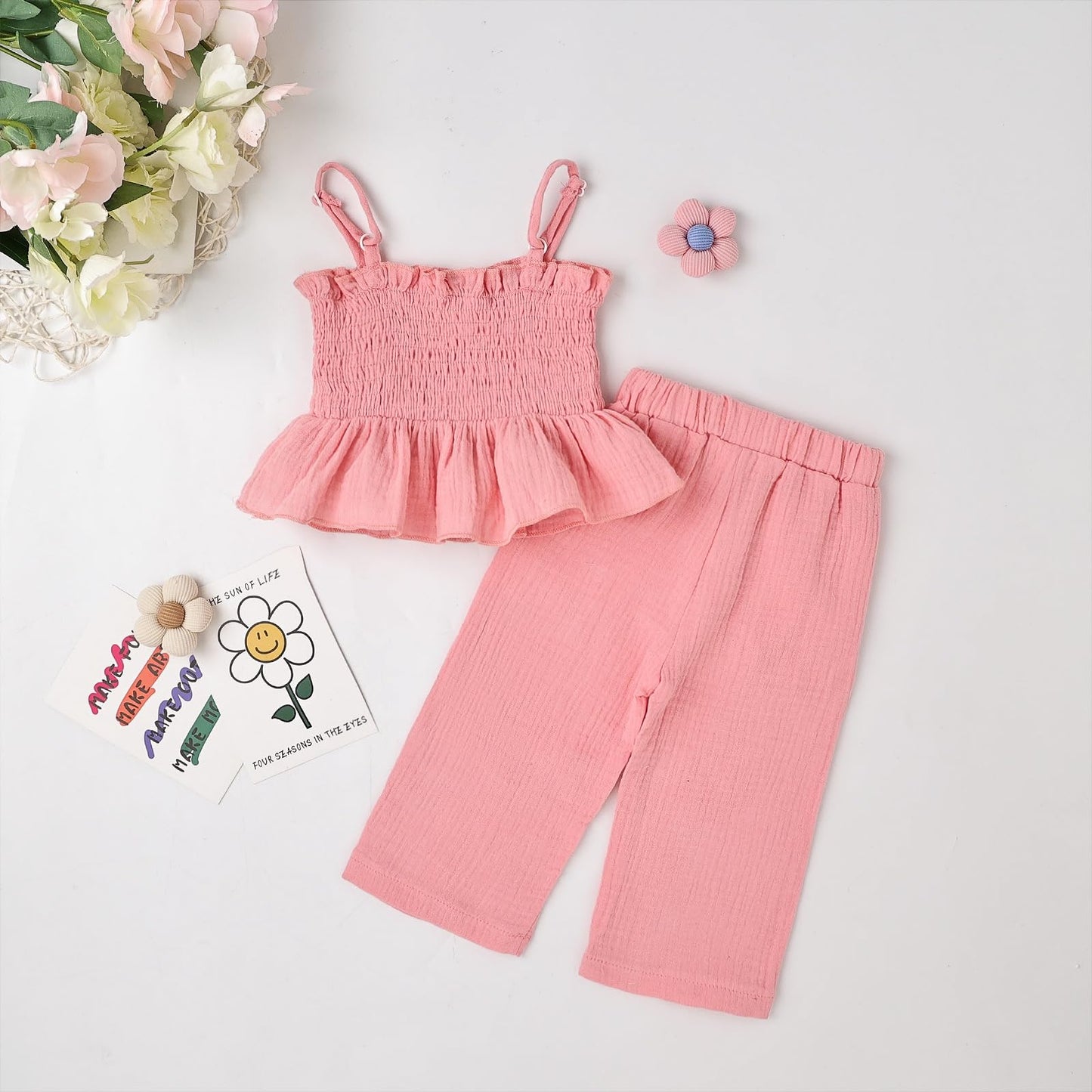 Toddler Baby Girl Clothes Summer Outfits Cute Bow Button Ruffle Camisole Pants Set 9-36 Months