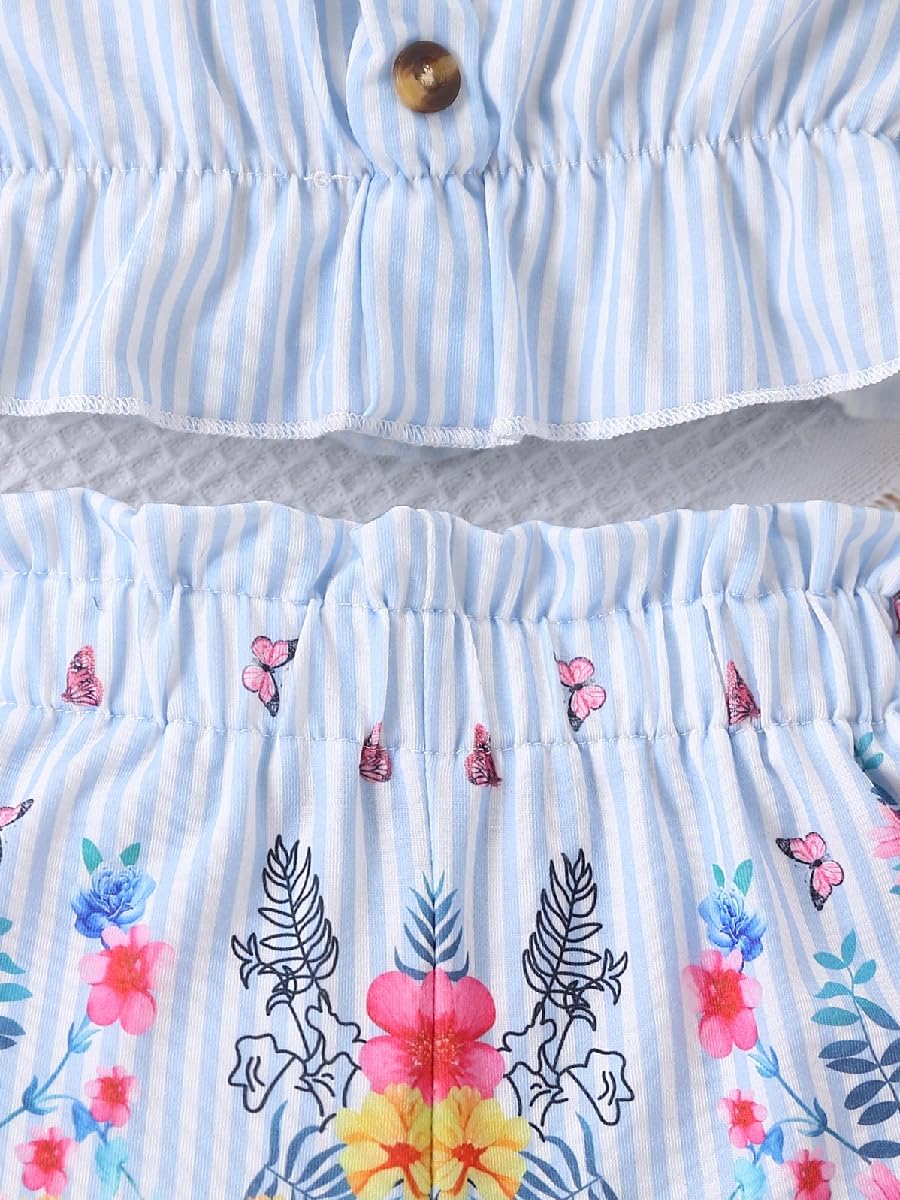 Kids Toddler Girls Summer Clothes Button Design Striped Tank Top + Floral-Print Elastic Shorts 2 Piece