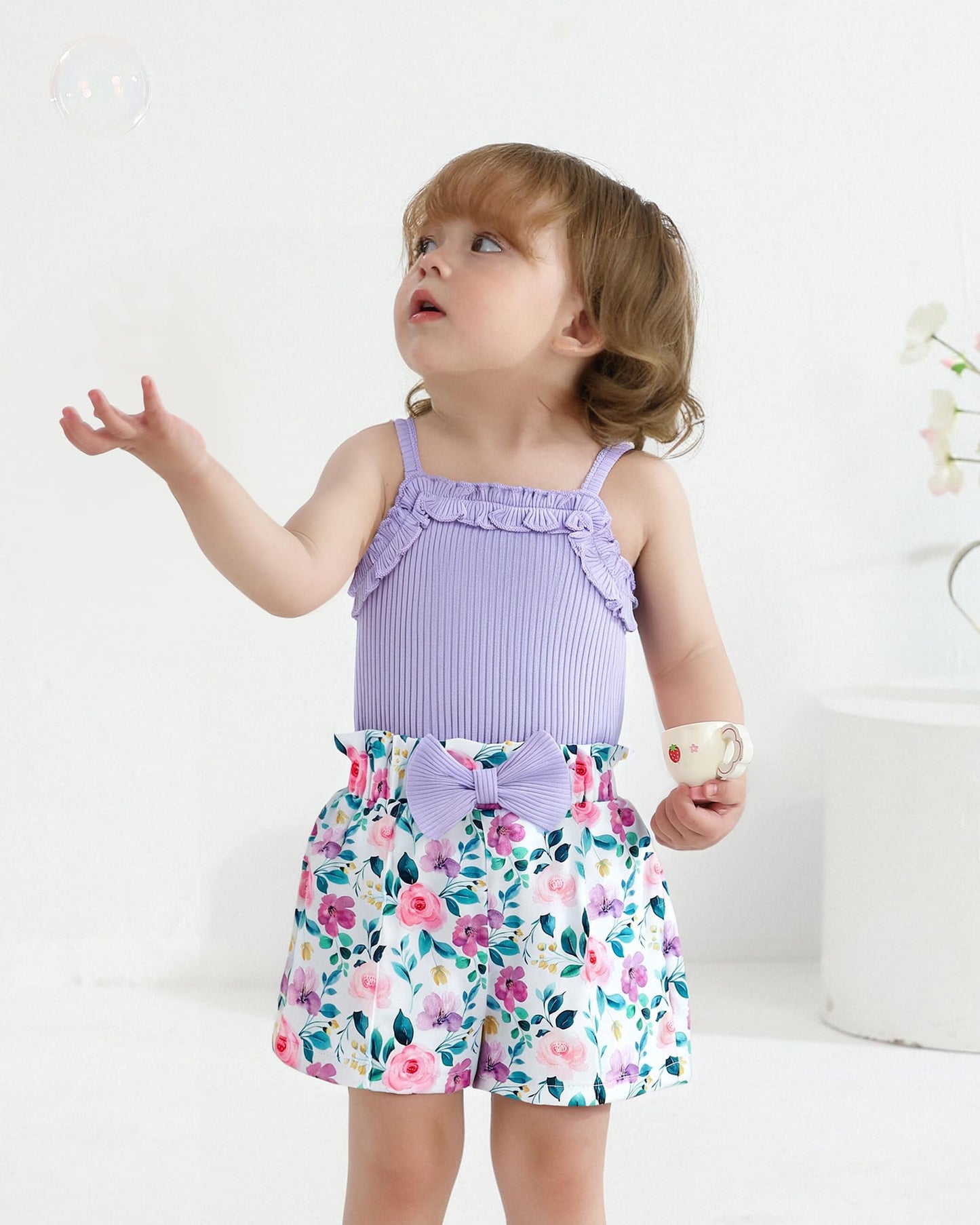 Kucnuzki Toddler Baby Girl Clothes Sleeveless Tank Tops Ruffle Halter Shirts Floral Shorts 2 Piece Set Summer Outfits
