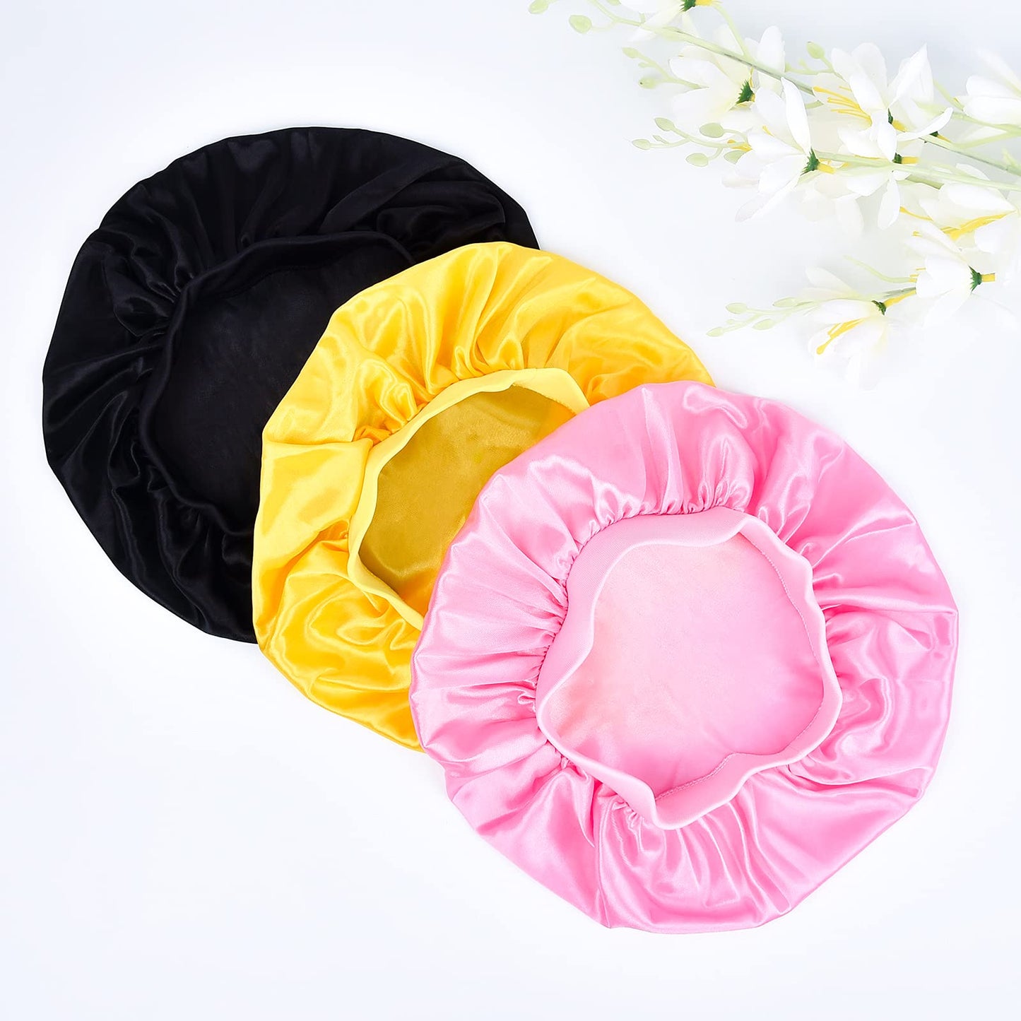 3 Pieces Kids Satin Bonnet Dinosaur Wide Elastic Band Sleeping Cap Soft Silk Double Layer Night Hair Hats for Teens Toddler Child Baby