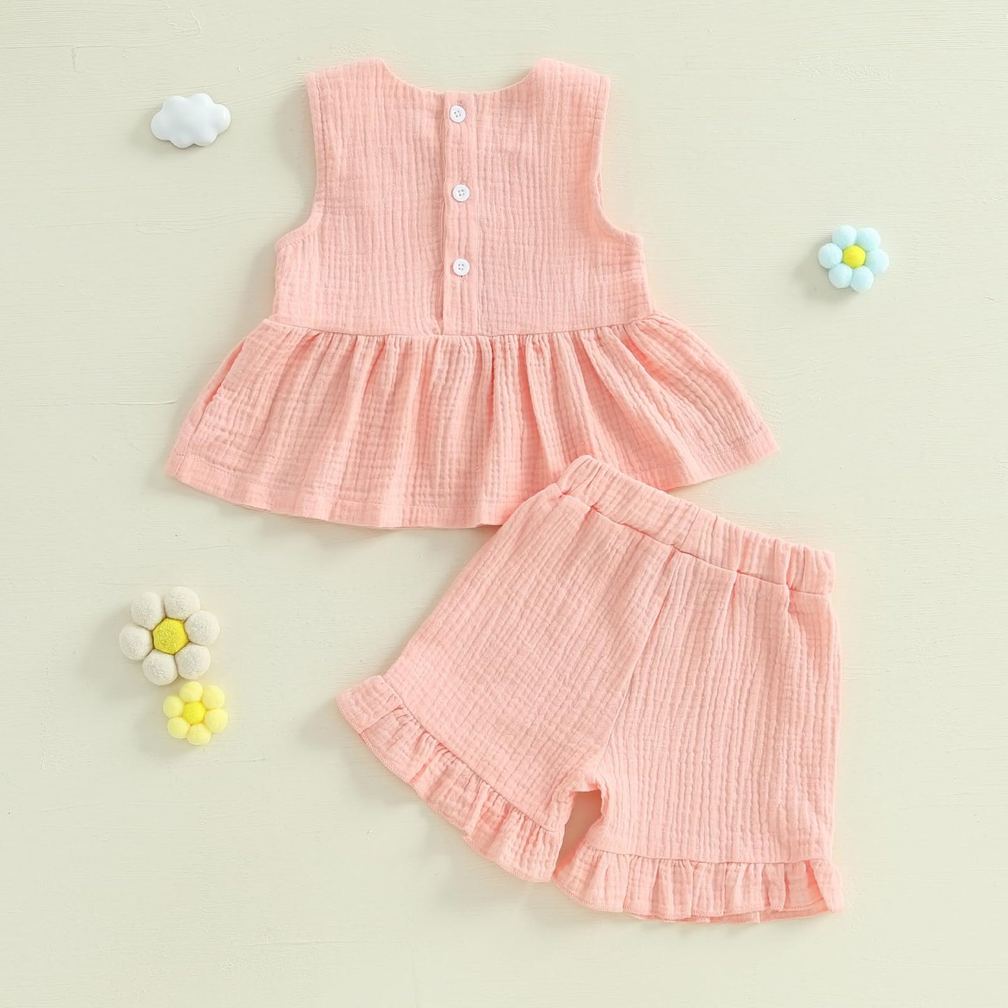 Kupretty Toddler Girl Summer Clothes Baby Solid Linen Outfit Bows Ruffle Tank Tops Shirts + Ruffled Short Set