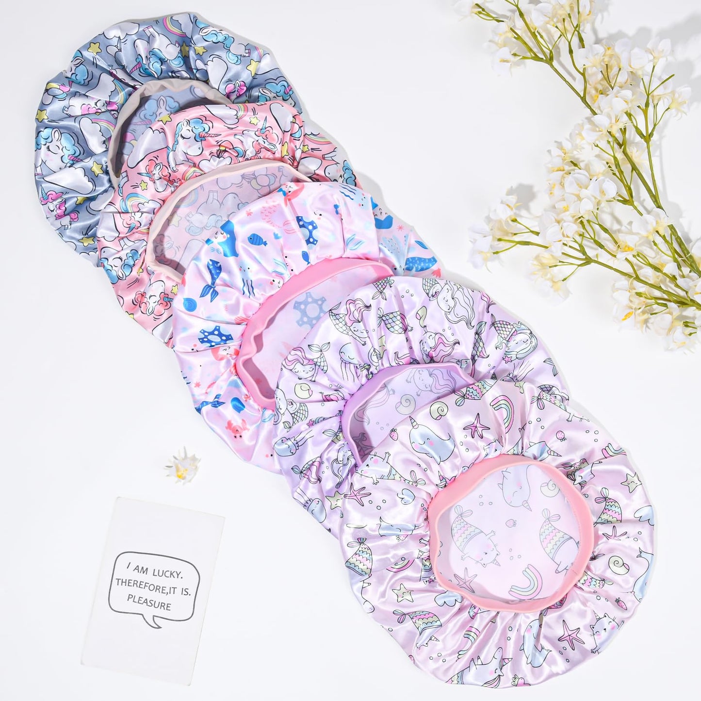 3 Pieces Kids Satin Bonnet Dinosaur Wide Elastic Band Sleeping Cap Soft Silk Double Layer Night Hair Hats for Teens Toddler Child Baby