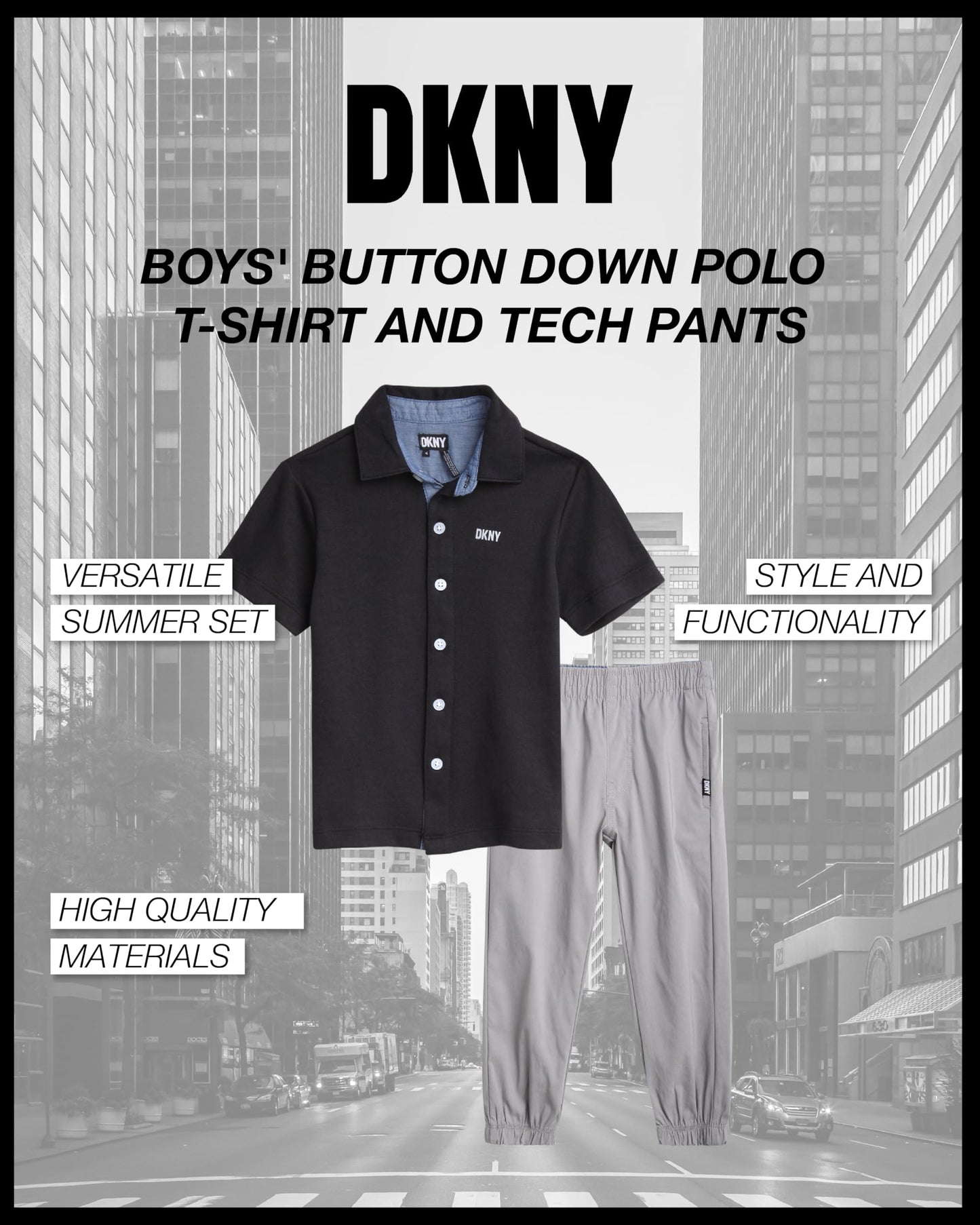 DKNY Boys' Pants Set - 2 Piece Short Sleeve Button Down Shirt and Tech Pants - Summer Outfit Set for Toddler Boys (2T-7)