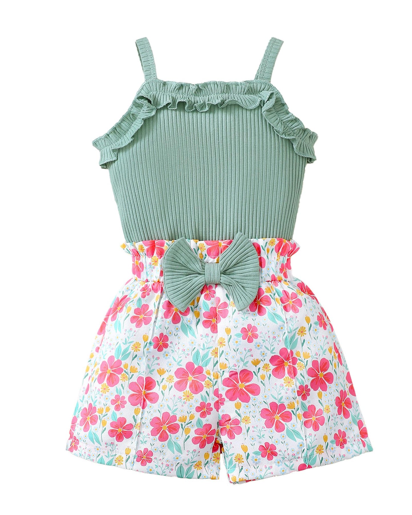 Kucnuzki Toddler Baby Girl Clothes Sleeveless Tank Tops Ruffle Halter Shirts Floral Shorts 2 Piece Set Summer Outfits