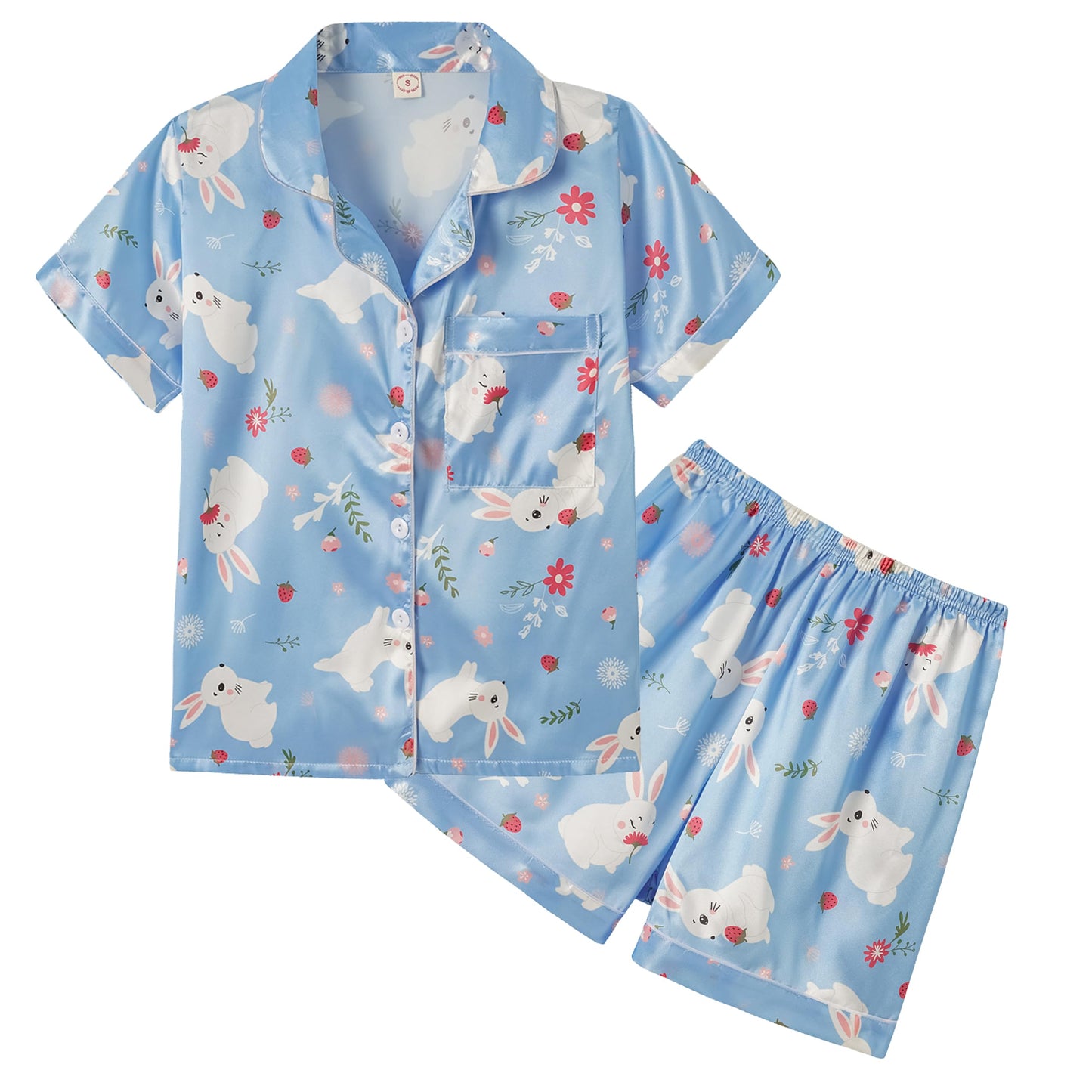 Unisex Kids Boys and Girls Pajama Sets Summer Short Sleeve With Shorts Sleepwear Silky Button Down Loungewear