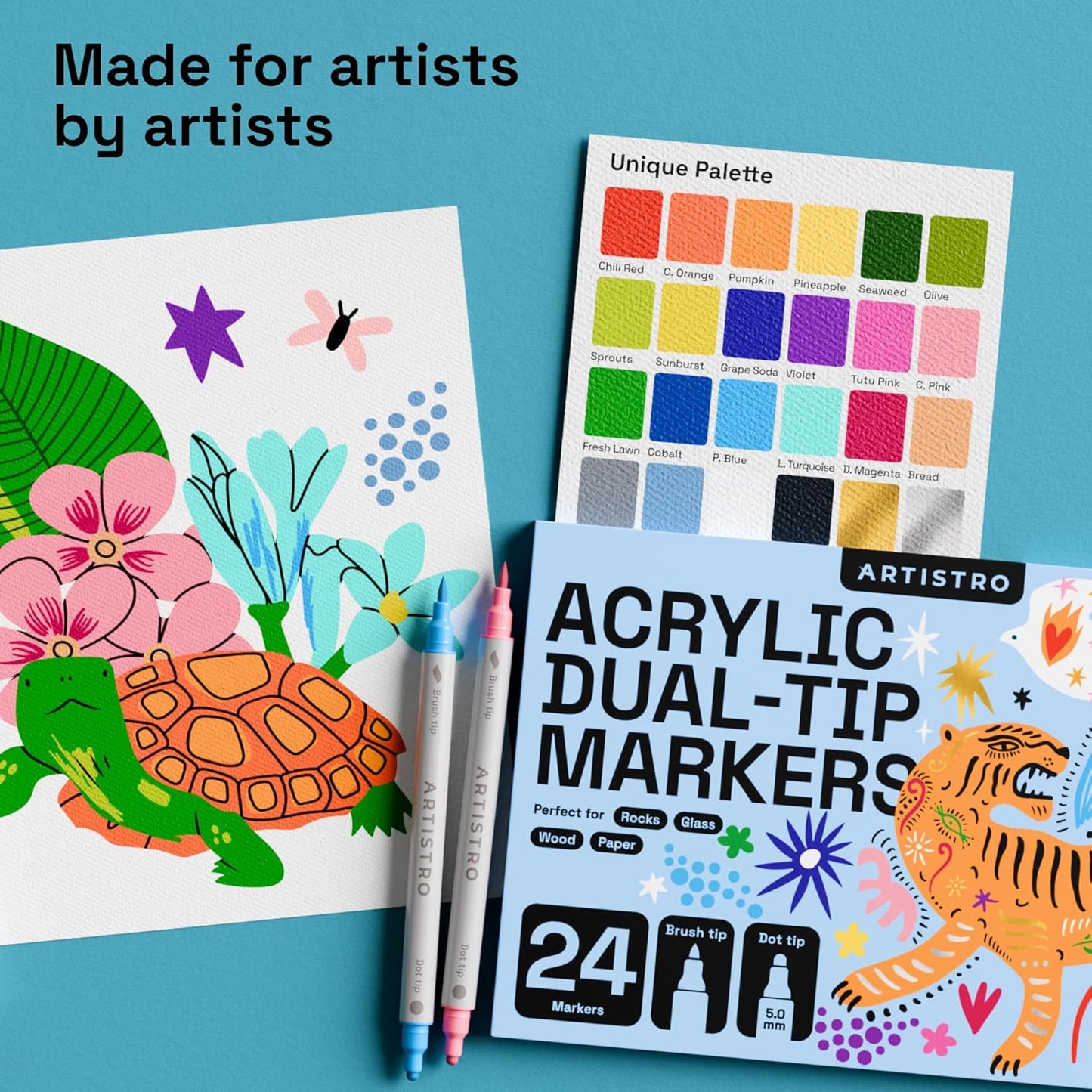 ARTISTRO 24 Dual Tip Acrylic Paint Markers - Washable, Non-Toxic Pens for Glass, Ceramic, and More