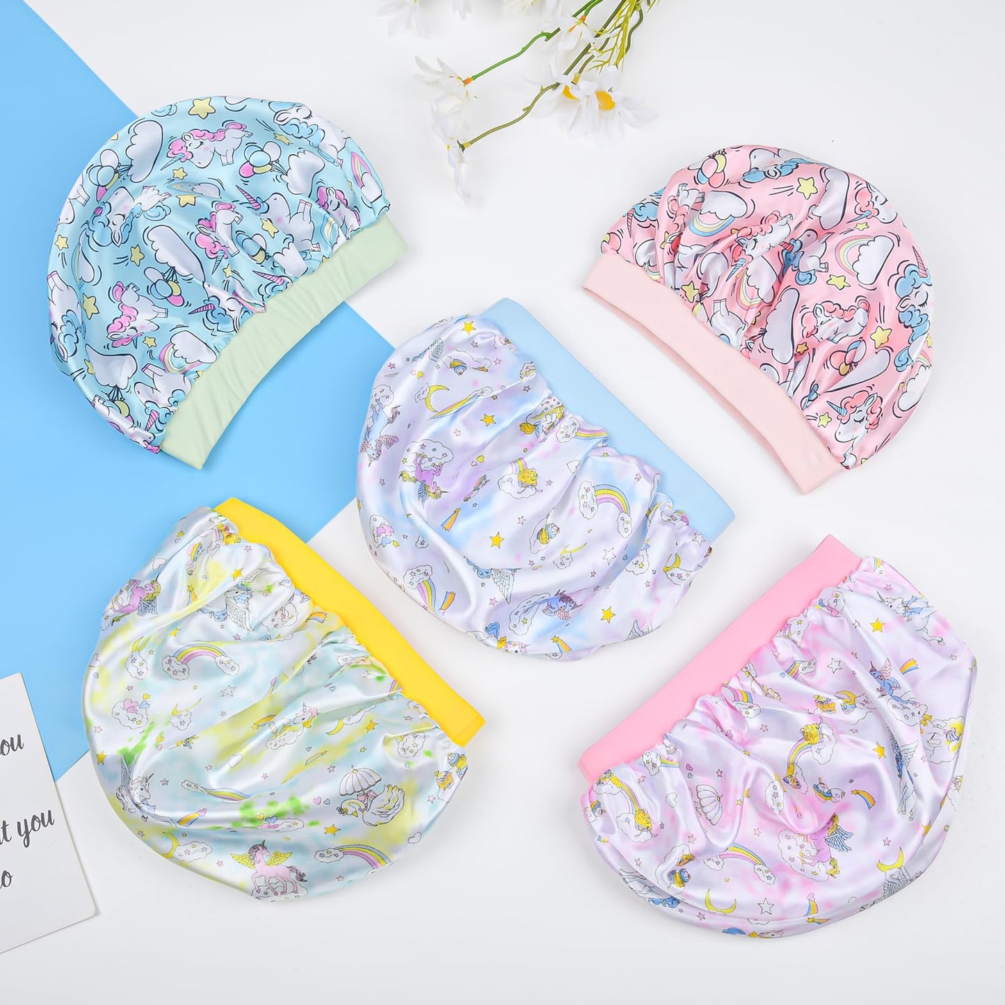 3 Pieces Kids Satin Bonnet Dinosaur Wide Elastic Band Sleeping Cap Soft Silk Double Layer Night Hair Hats for Teens Toddler Child Baby