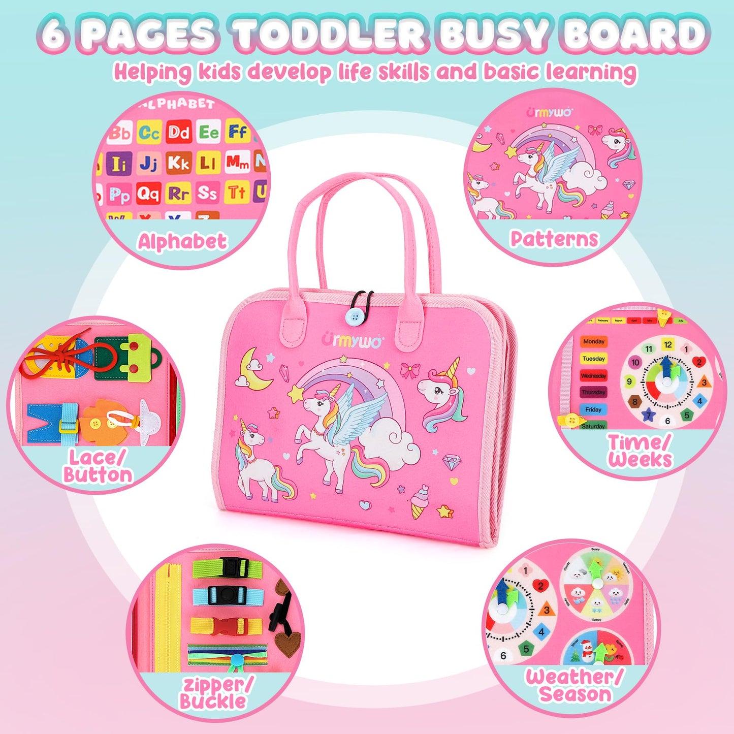 URMYWO Toddler Busy Board - Busy Book Montessori Toys for 1 2 3 4 Year Old - Preschool Learning Activities with Alphabet Number Animal, Educational Travel Toys Birthday Gifts for Kids