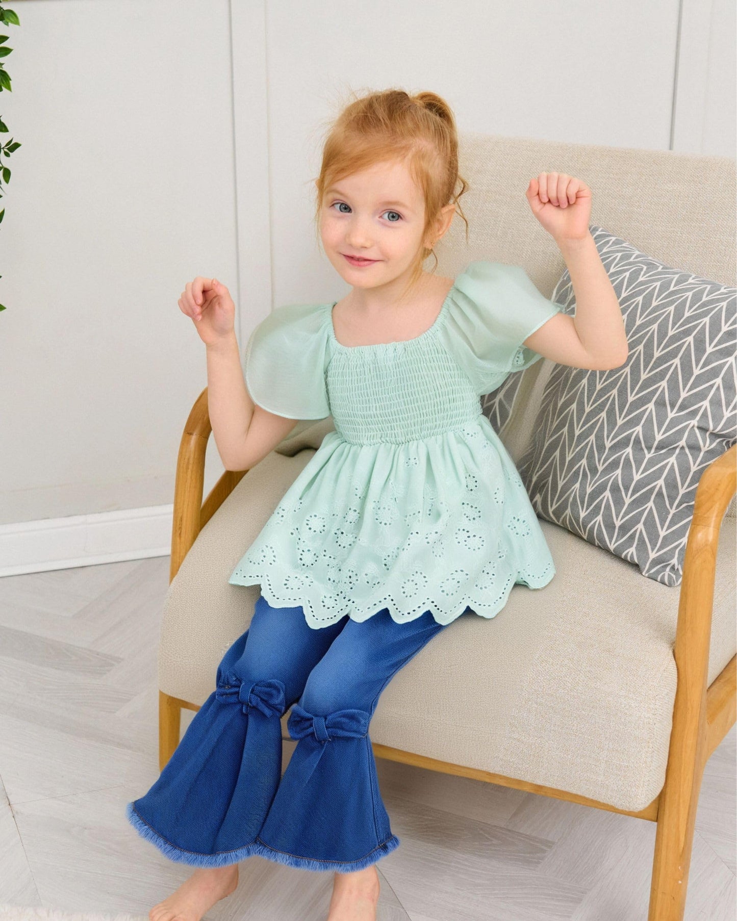 XUANHAO Toddler Girl Clothes Summer Smocked Shirts Tops Denim Bell Bottom Jeans Pants Outfits Kids Girl's Clothing Sets