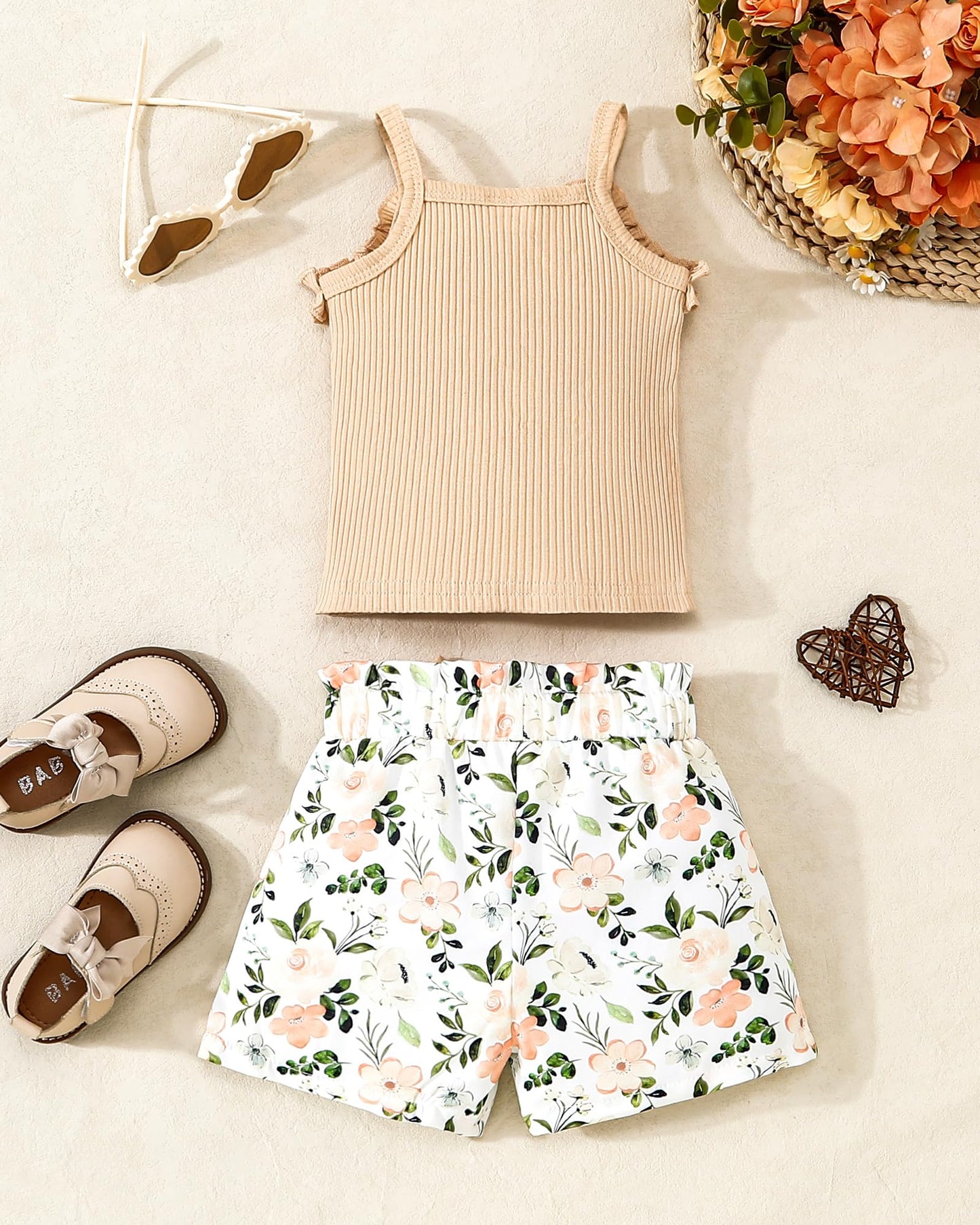 Kucnuzki Toddler Baby Girl Clothes Sleeveless Tank Tops Ruffle Halter Shirts Floral Shorts 2 Piece Set Summer Outfits