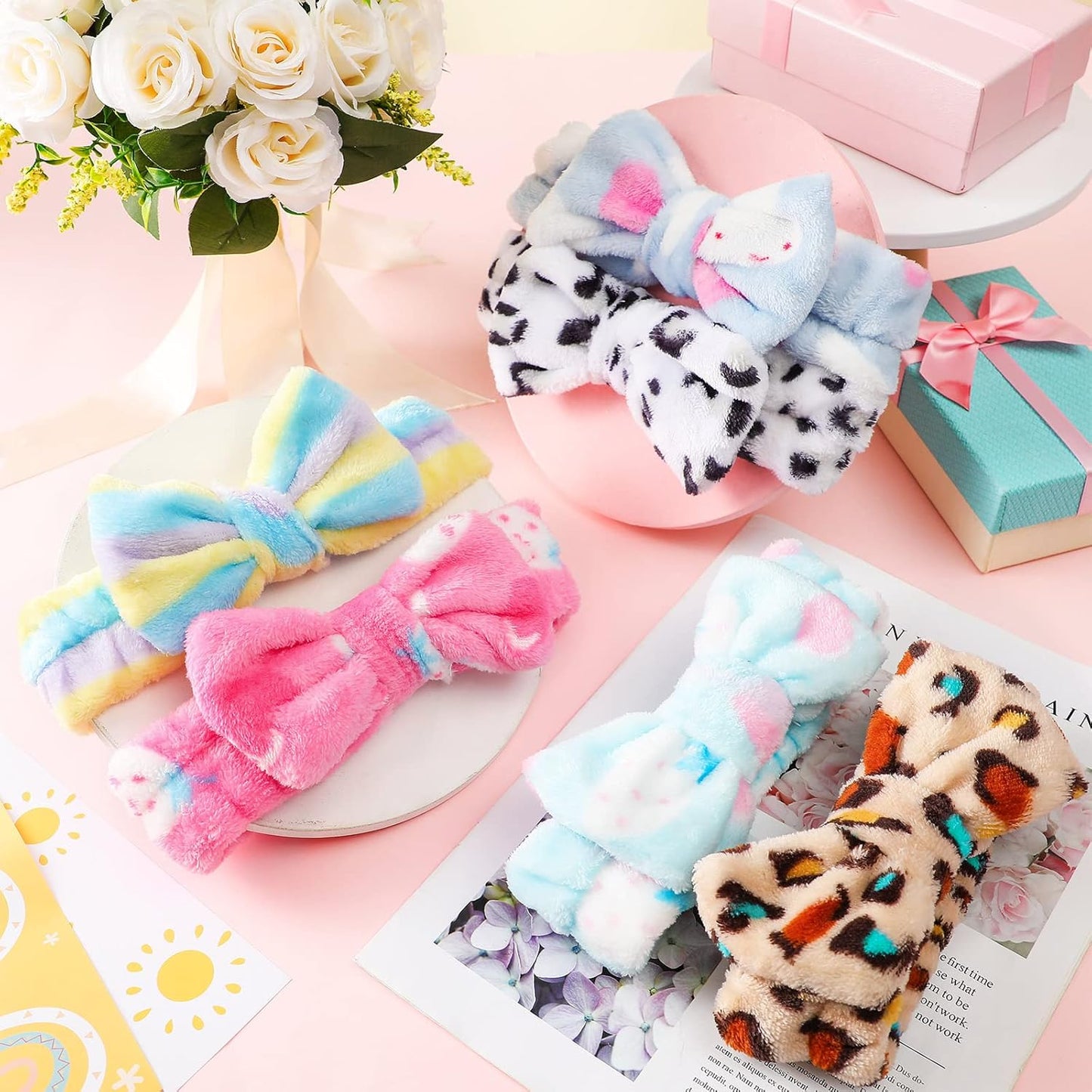 12 Pcs Sleepover Party Supplies for Girls Unicorn Rainbow Animal Plush Sleep Eye Mask Soft Spa Headband for Kids Women Overnight Spa Bachelorette Party Favors