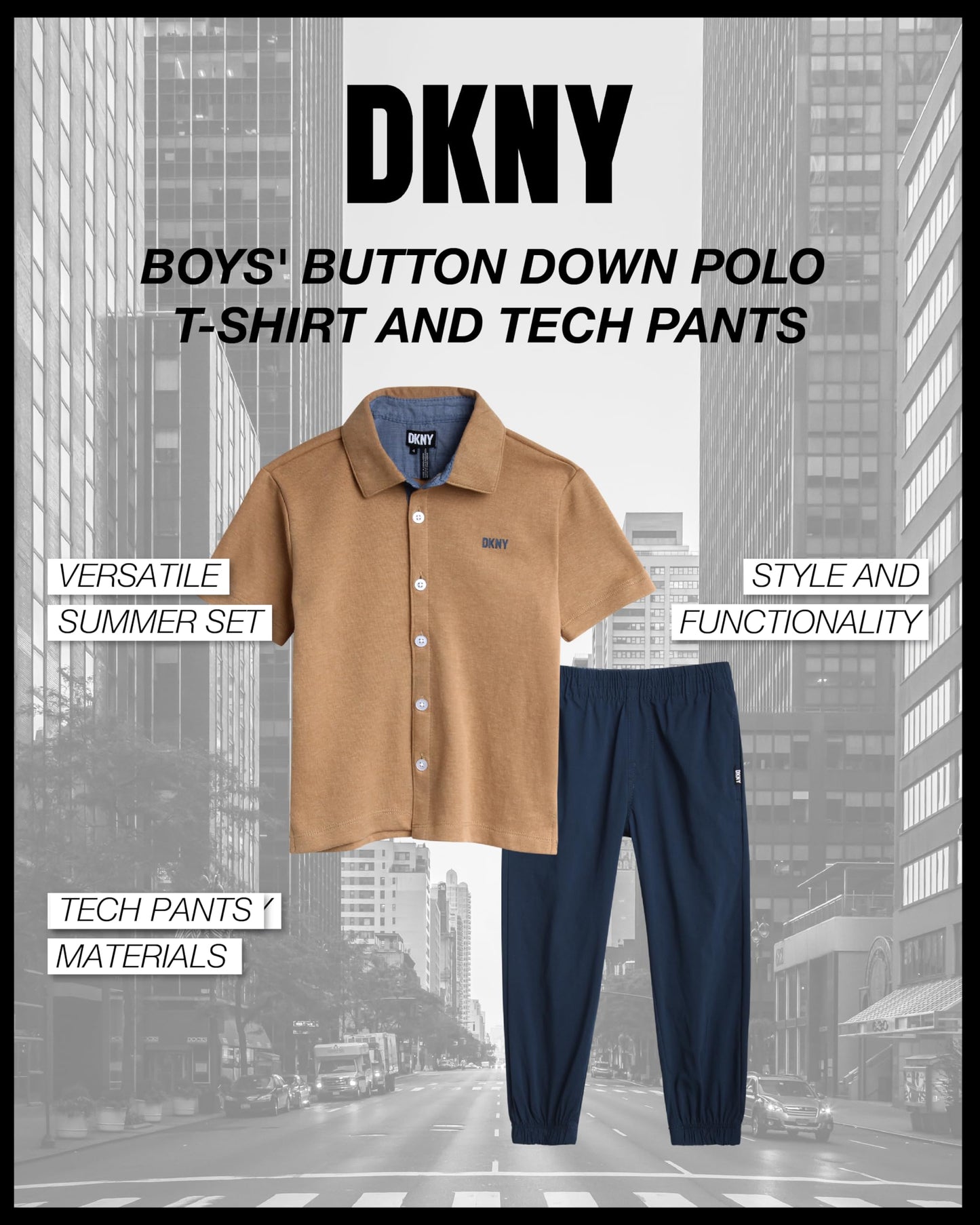 DKNY Boys' Pants Set - 2 Piece Short Sleeve Button Down Shirt and Tech Pants - Summer Outfit Set for Toddler Boys (2T-7)
